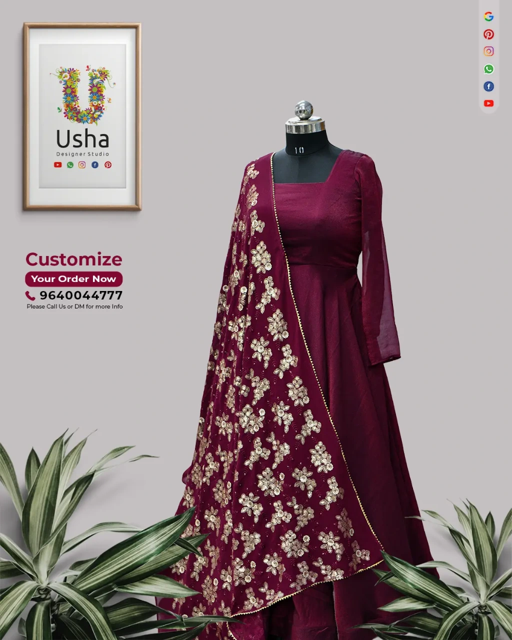 Wine color long frock with U-neck and full sleeves styled with all-over floral sequin and bead embellished georgette dupatta by Usha Designer Studio Vijayawada