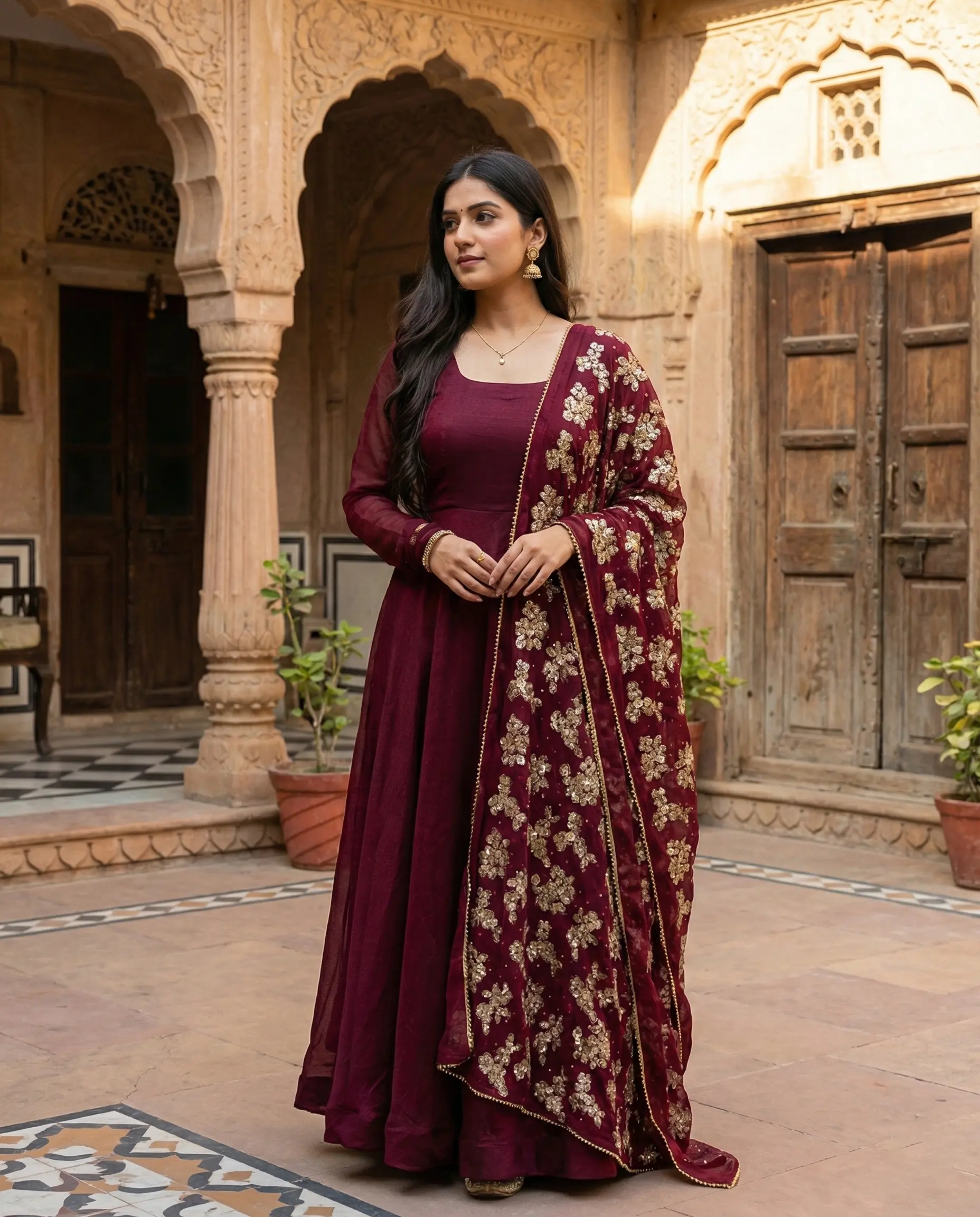 Wine color long frock with U-neck and full sleeves styled with all-over floral sequin and bead embellished georgette dupatta by Usha Designer Studio Vijayawada