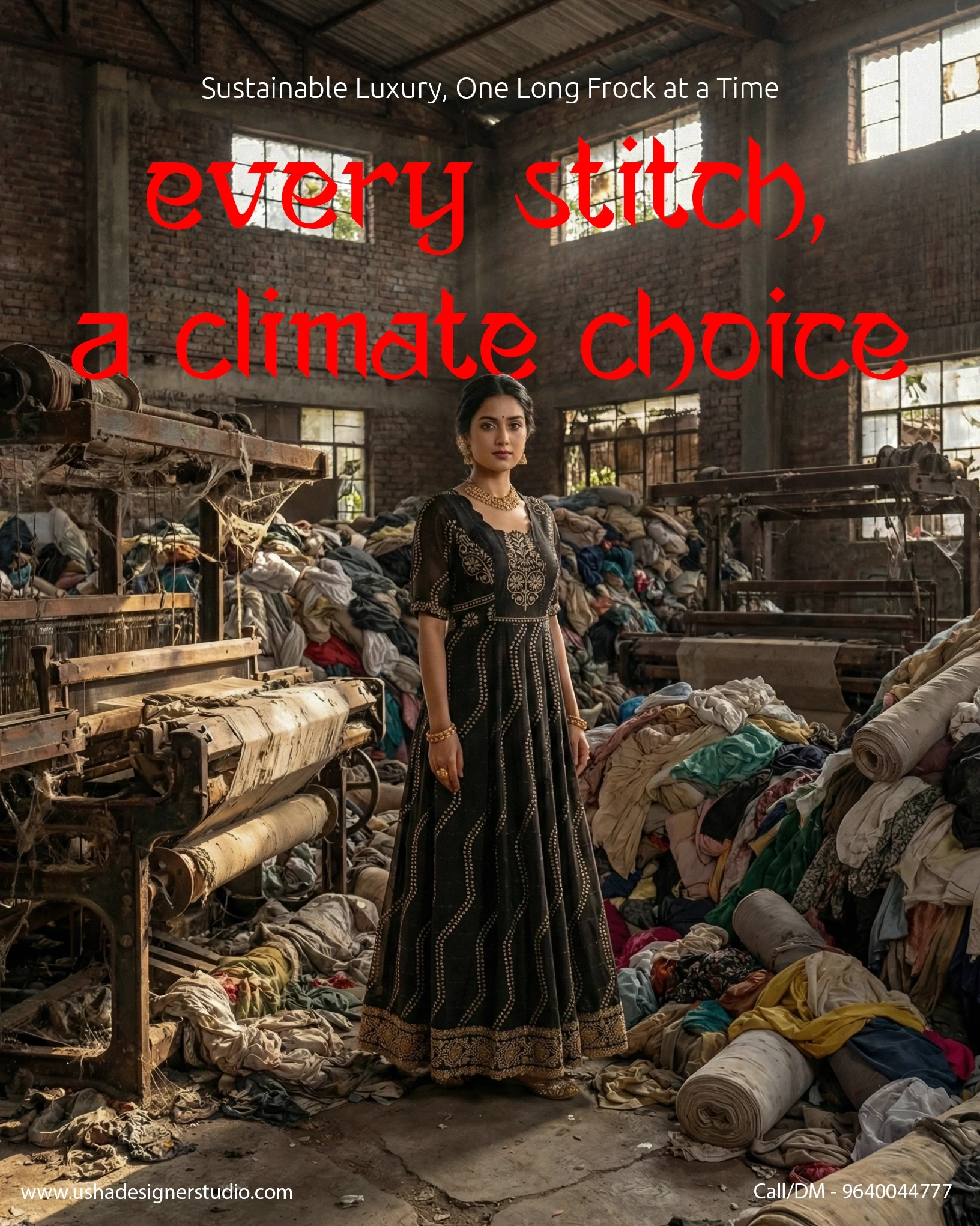 Black designer long frock converted from heirloom saree with scalloped neck, puffed sleeves, golden embroidery and flowy kalli-cut skirt by Usha Designer Studio Vijayawada.