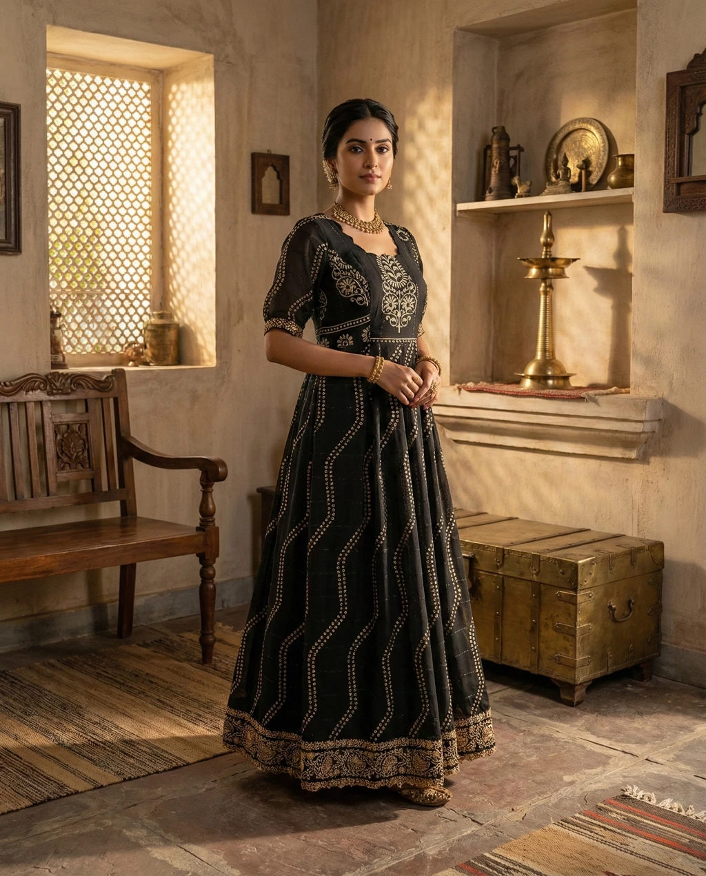 Black designer long frock converted from heirloom saree with scalloped neck, puffed sleeves, golden embroidery and flowy kalli-cut skirt by Usha Designer Studio Vijayawada.