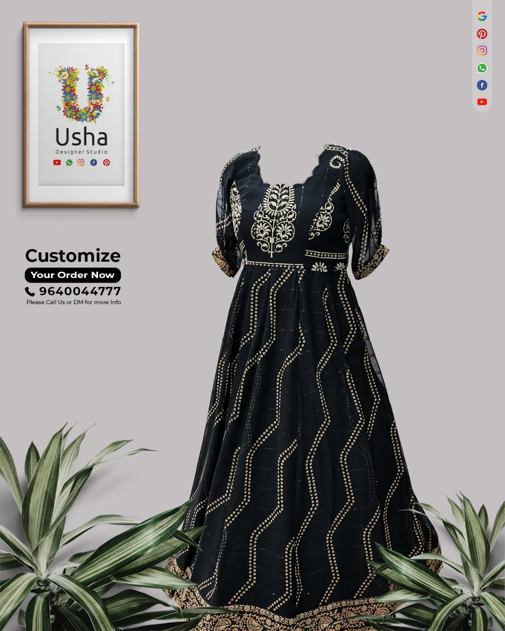 Black designer long frock converted from heirloom saree with scalloped neck, puffed sleeves, golden embroidery and flowy kalli-cut skirt by Usha Designer Studio Vijayawada.