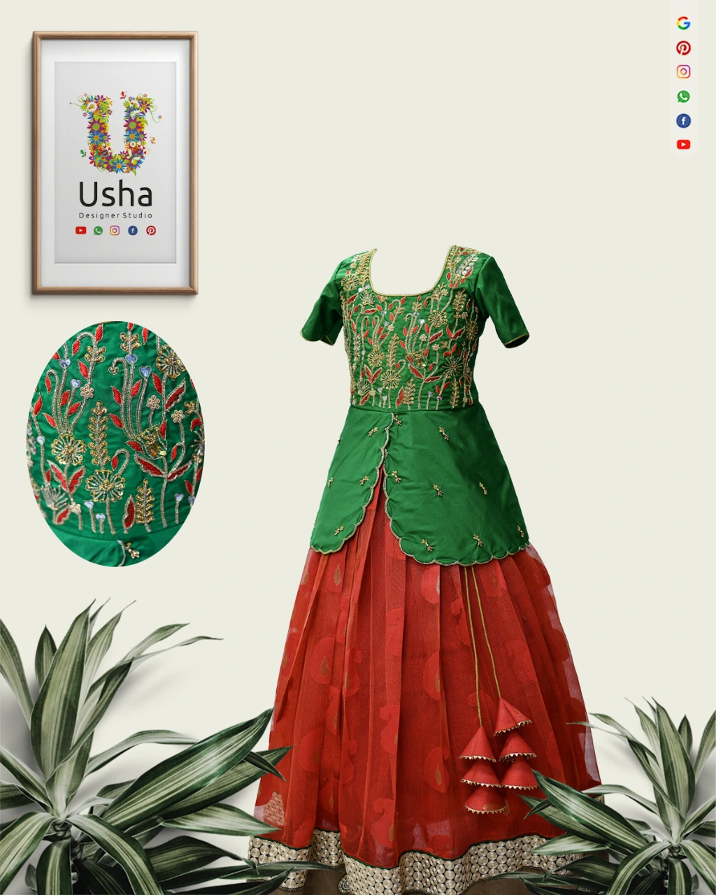 Tailor-Made Saree to Kids Crop Top Lehenga with Intricate Floral Aari Work | Usha Designer Studio Vijayawada Kids green silk peplum crop top lehenga upcycled from saree, with seamless floral Aari work on U-neck blouse, 1‑inch pleated red lehenga and heavy handcrafted latkans by Usha Designer Studio Vijayawada.