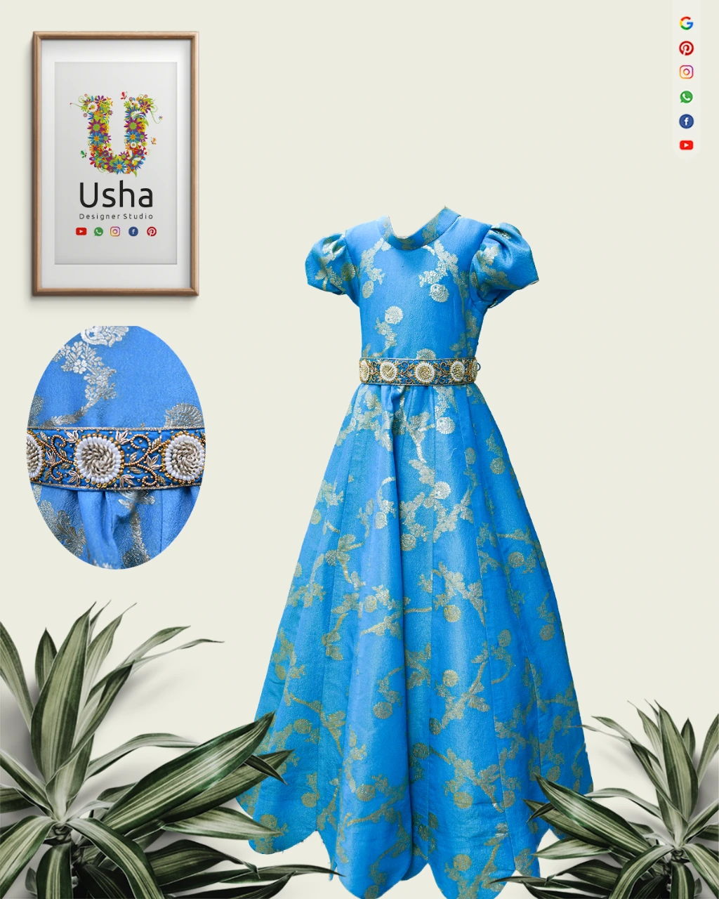 Tailor-Made Pure Banaras Kids Frock with Aari Work Waist Belt | Usha Designer Studio Vijayawada Sky blue pure Banaras kids frock with floral butta, Chinese high-neck collar, puff sleeves and handcrafted Aari work waist belt by Usha Designer Studio, Vijayawada.