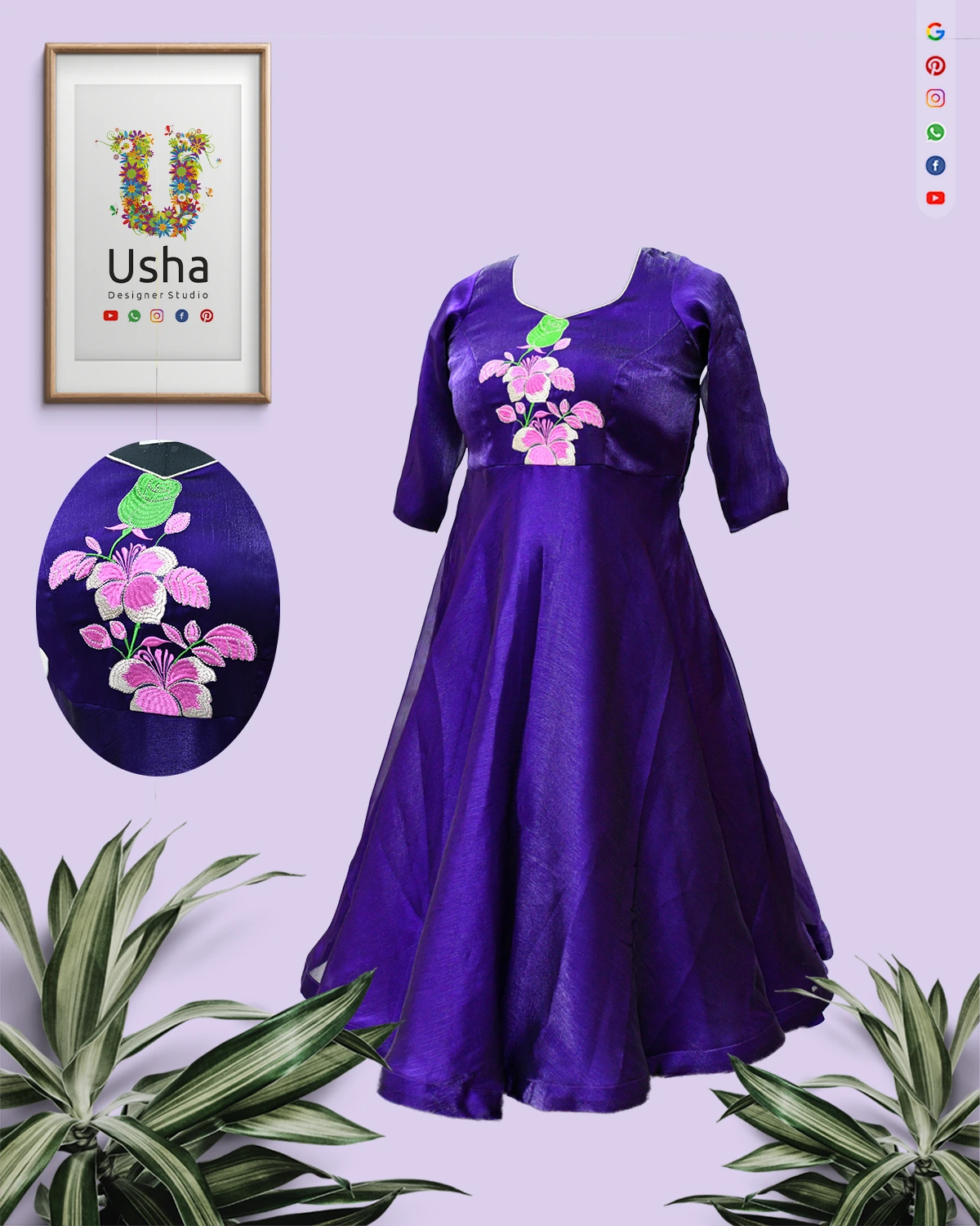Contemporary Purple Space Silk Indo-Western Frock | Tailor-Made by Usha Designer Studio, Vijayawada Contemporary purple space silk Indo-Western frock with floral computer embroidery, U-neck and elbow sleeves, custom-stitched by Usha Designer Studio, Vijayawada.