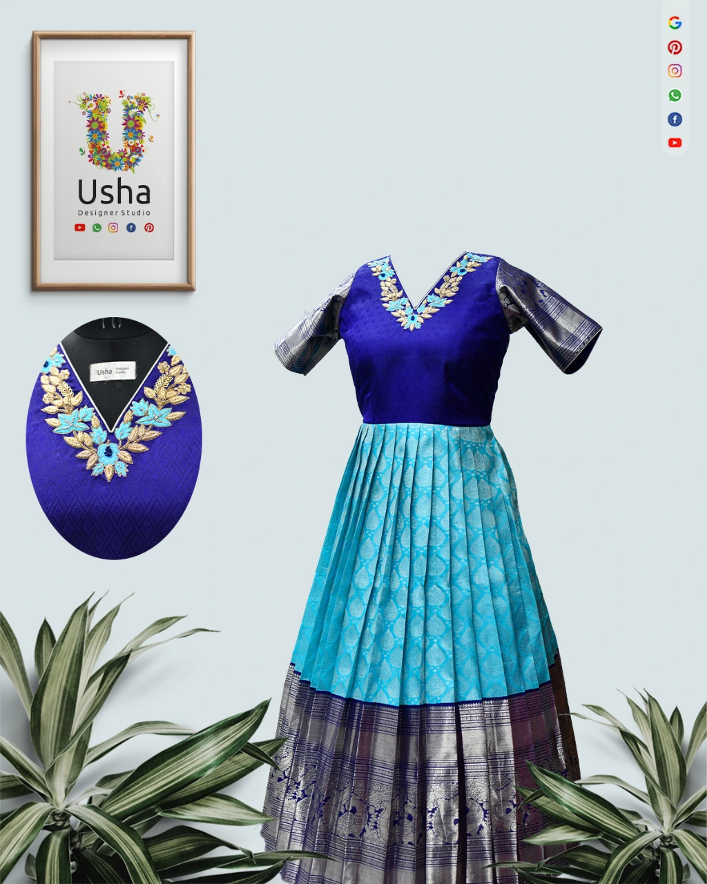 Heirloom Kanchi Pattu Saree Upcycled to Long Frock | Aari Work V-Neck by Usha Designer Studio Vijayawada Heirloom pure Kanchi pattu saree converted into a royal blue and turquoise long frock with Aari embroidered V-neck yoke, zari border sleeves, and neatly ironed 1-inch pleated skirt by Usha Designer Studio Vijayawada.