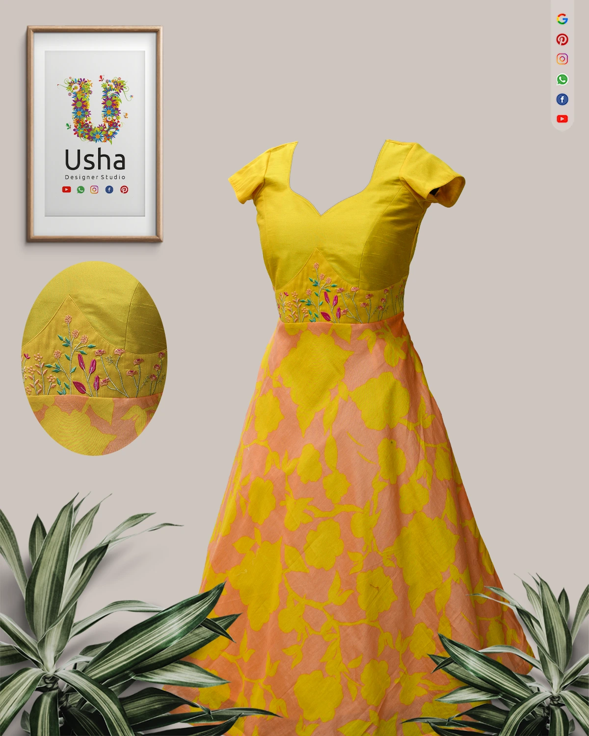 Floral abstract-print georgette long frock in yellow and peach with semi raw silk heart-neck blouse and colorful floral embroidery, tailor-made by Usha Designer Studio Vijayawada.