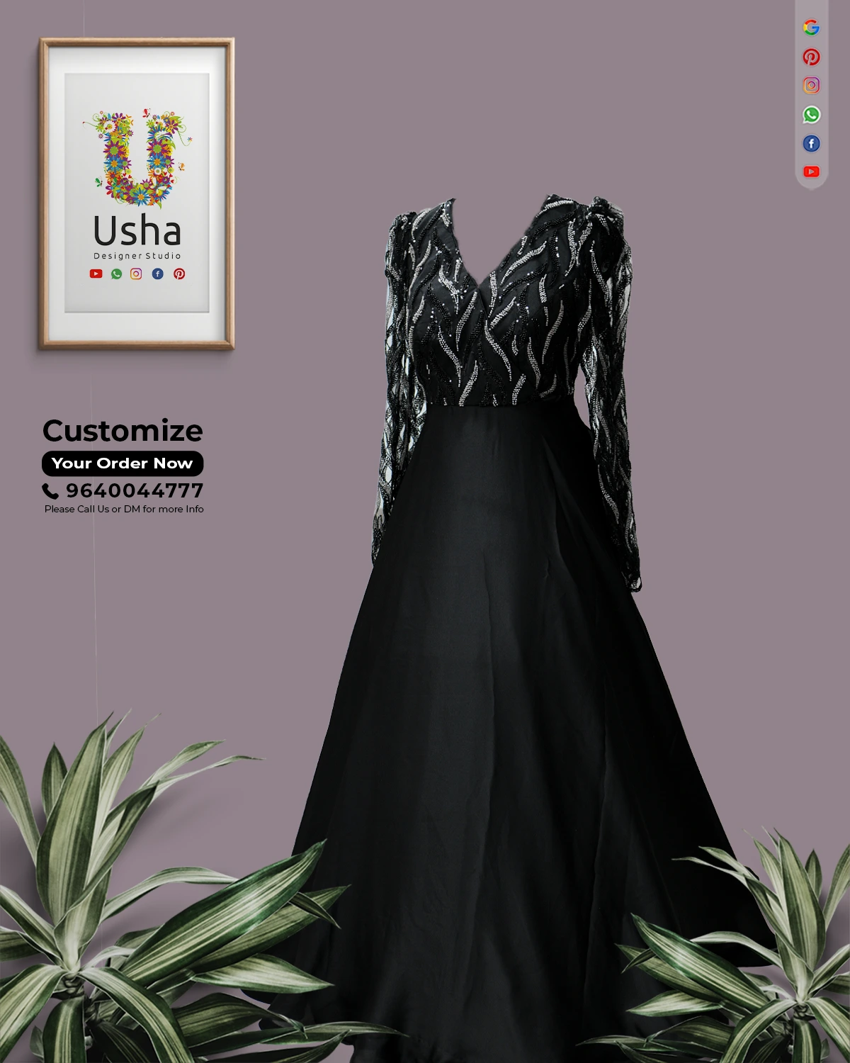 Elegant black contemporary frock featuring bead and sequin-embroidered yoke, subtle puff bracelet sleeves, and flowy umbrella gera. High-quality custom tailoring in Vijayawada. Fabric: Black, textured with shimmering bead/sequin embroidery, umbrella skirt.​