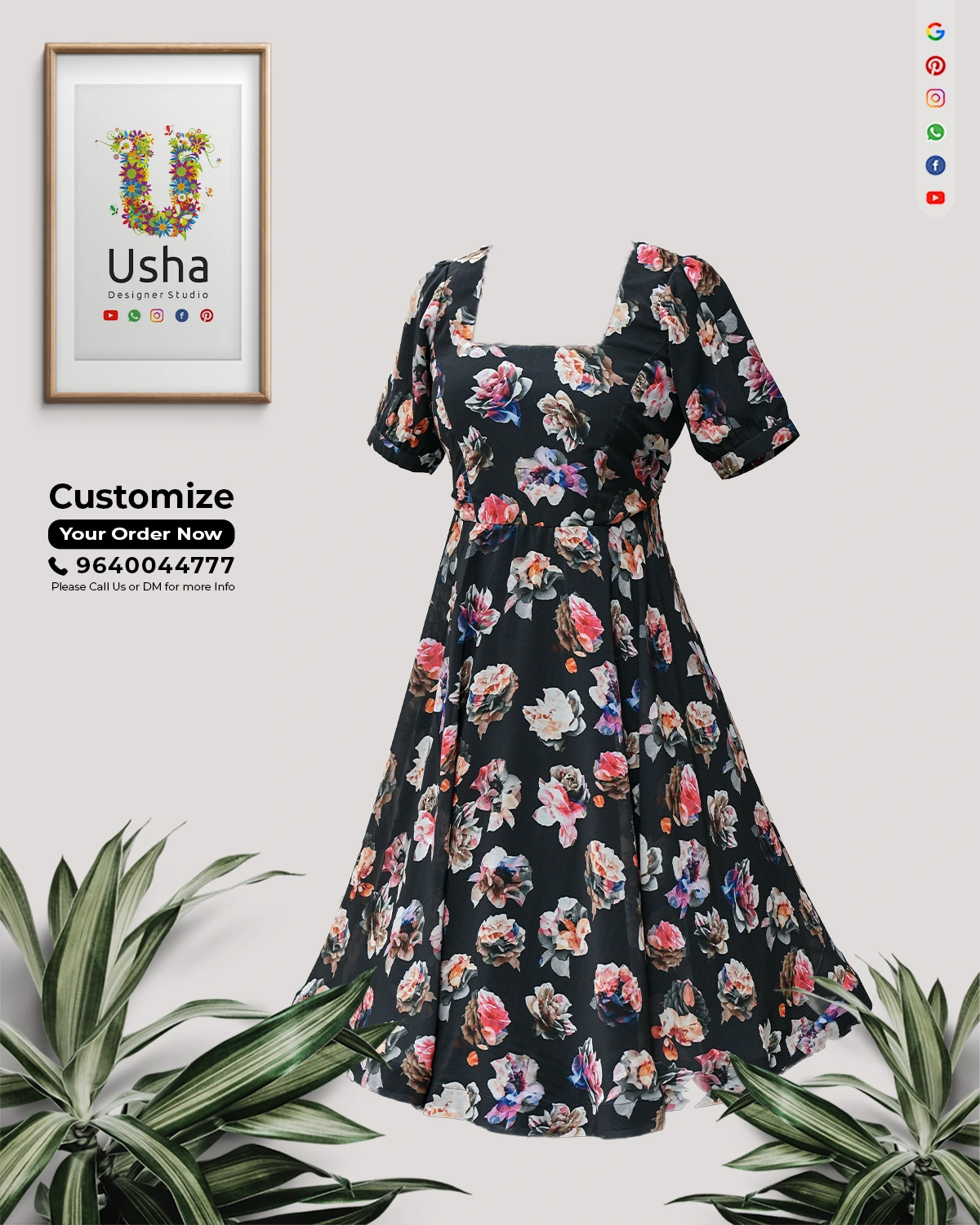 Saree to Indo-Western Frock | Floral Georgette Upcycled Dress | Usha Designer Studio Vijayawada Black floral georgette saree converted into a custom Indo-Western calf-length frock with square neck, puff sleeves and flowy ghera by Usha Designer Studio, Vijayawada.