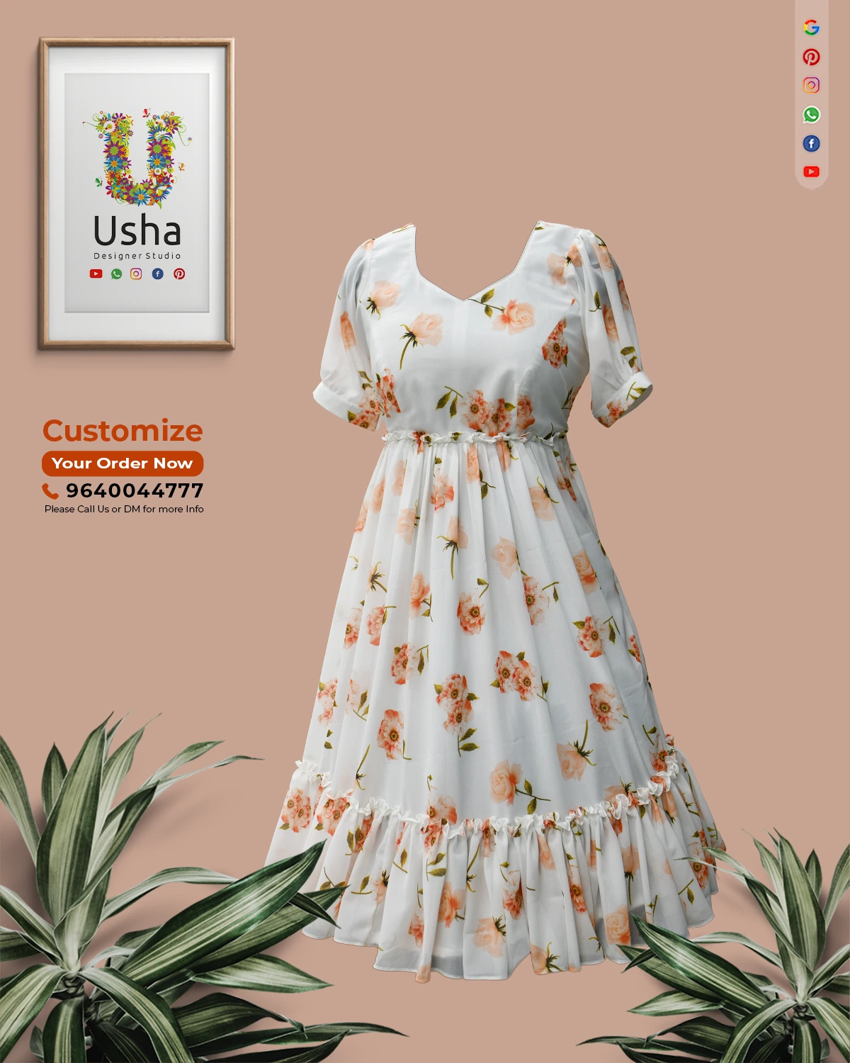 Saree to Indo Western Frock in Floral Georgette | Custom Tailoring by Usha Designer Studio Vijayawada Floral georgette saree converted into a custom Indo‑Western frock with diamond neckline, pleated waist and ruffled hem by Usha Designer Studio Vijayawada.