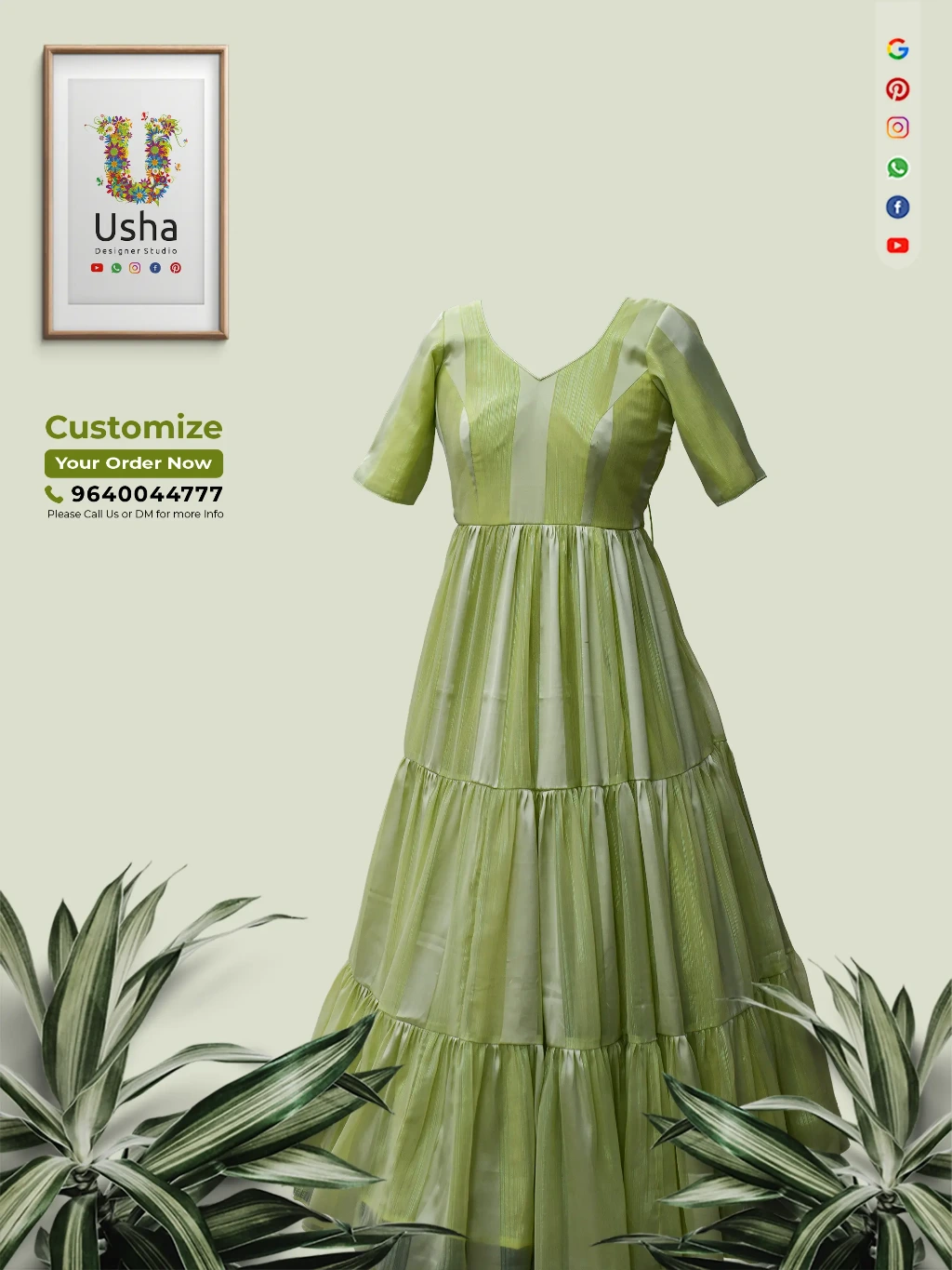 Pista green georgette saree converted into a custom long frock with V-neck, long sleeves and multi-layered pleated flare by Usha Designer Studio, Vijayawada.
