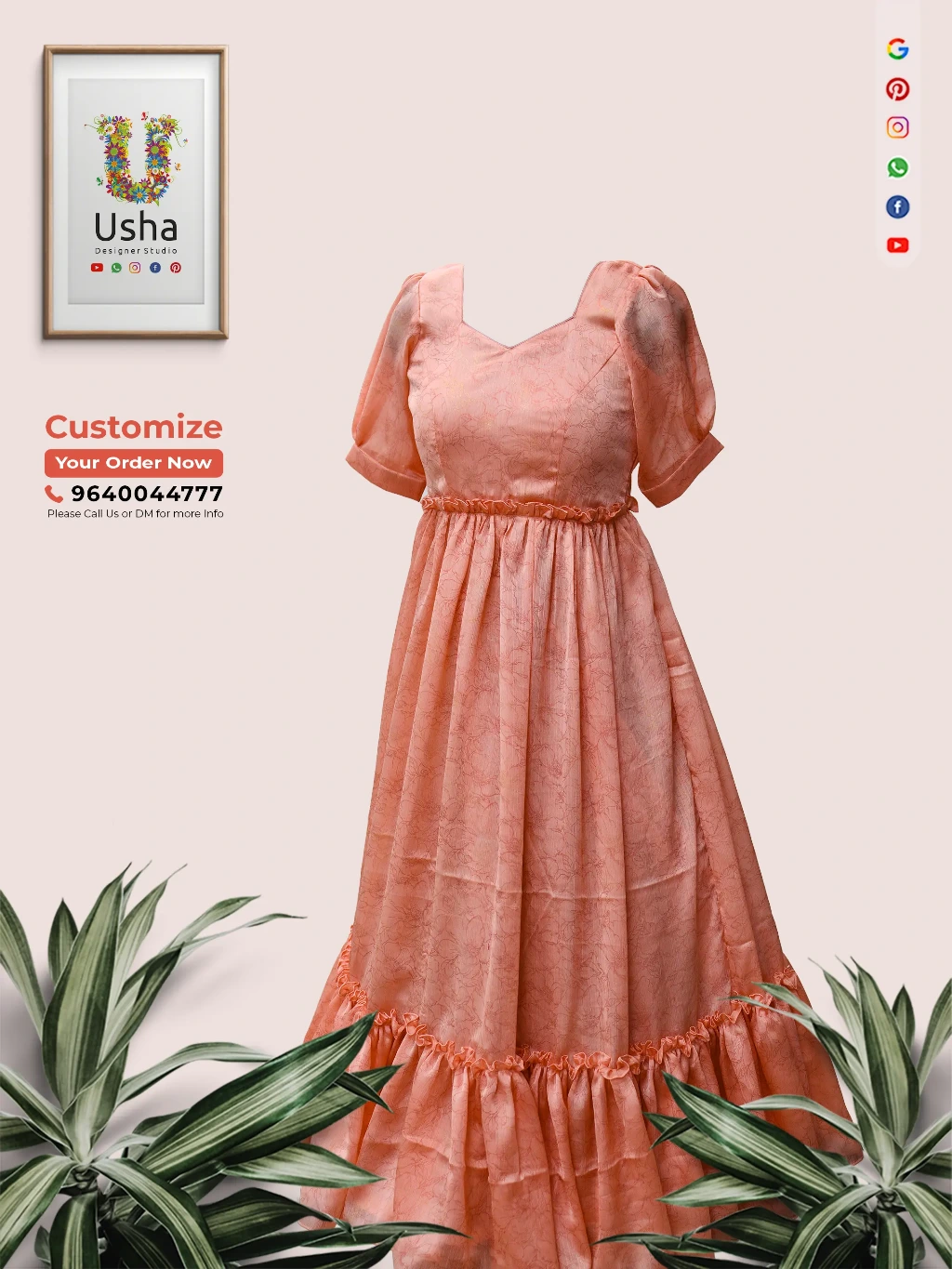 Tailor-made peach georgette saree to long frock with diamond neckline, multi-layered pleats and flowy gera by Usha Designer Studio, Vijayawada.