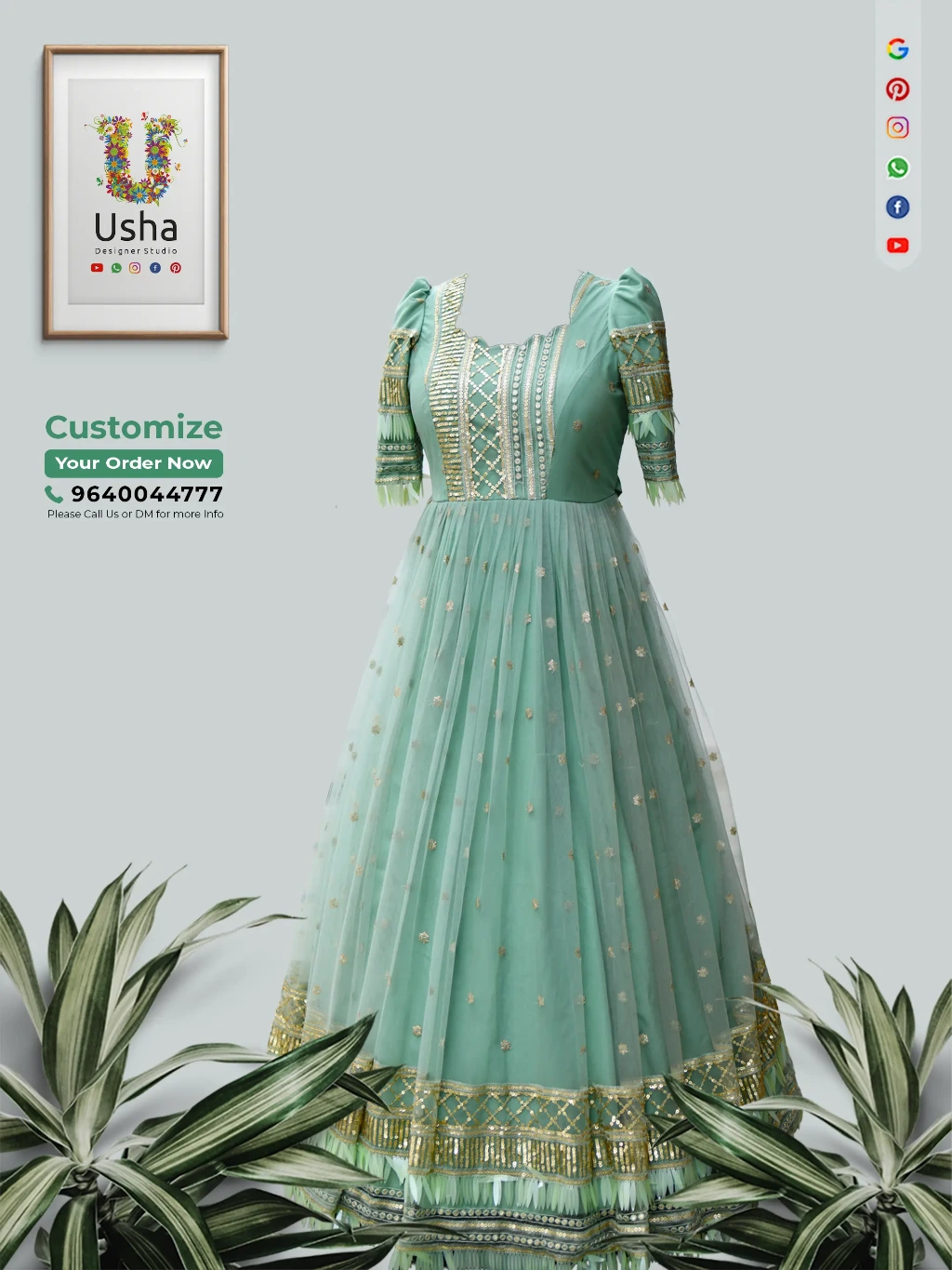 Tailor-made sea green long frock with heart neck, elbow sleeves, sequin and bead embroidery, and finely pleated flare by Usha Designer Studio, Vijayawada, displayed for custom order reference.