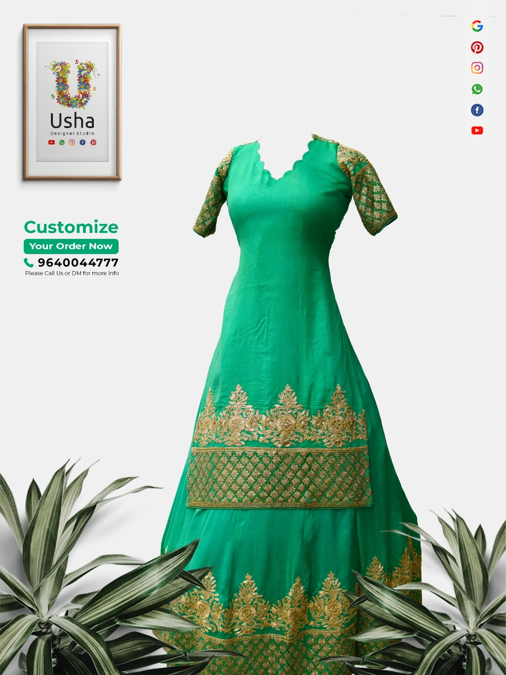 Tailor-Made Sea Green Saree to Crop Top Lehenga with Embroidery, Usha Designer Studio, Vijayawada Tailor-made sea green saree to crop top lehenga with scalloped V-neck, elbow sleeves and kalli cut embroidered flare by Usha Designer Studio Vijayawada.