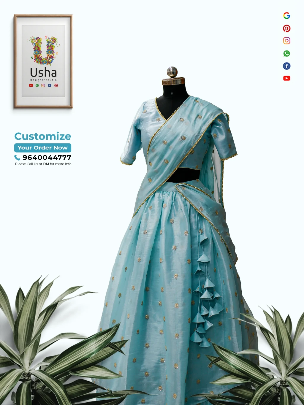 Tailor-Made Banaras Crop Top Lehenga with Dupatta | Usha Designer Studio Vijayawada Ice blue Banaras crop top lehenga with dupatta and Aari lace, V-neck choli blouse with long sleeves, full gera lehenga and handcrafted heavy latkans by Usha Designer Studio Vijayawada.