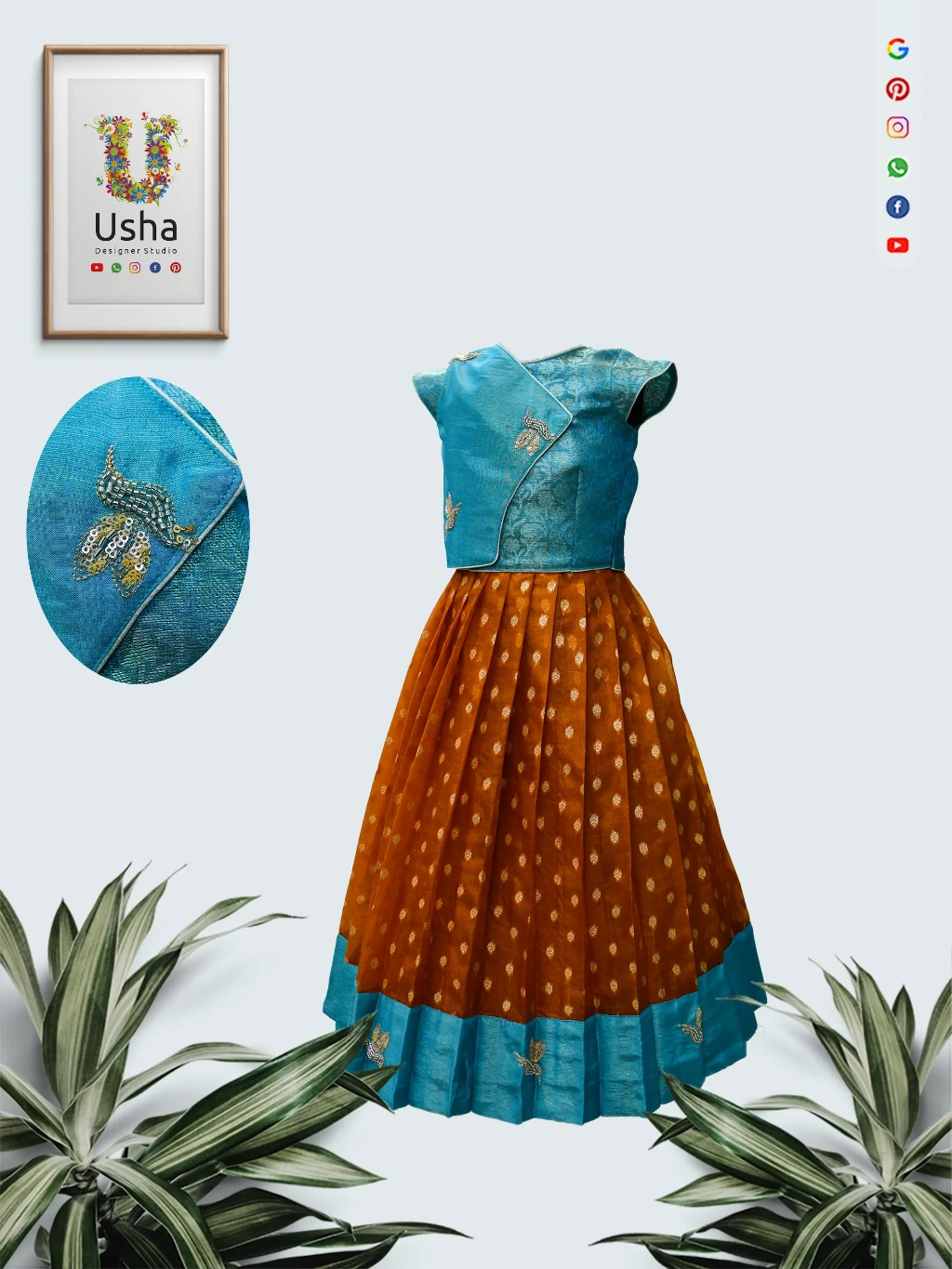 Tailor-Made Kids Pattu Lehenga with Subtle Birds Aari Work | Usha Designer Studio Vijayawada Kids teal blue and rust orange pattu lehenga with subtle birds butta Aari work, designer choli blouse and 1-inch pleated skirt by Usha Designer Studio Vijayawada.