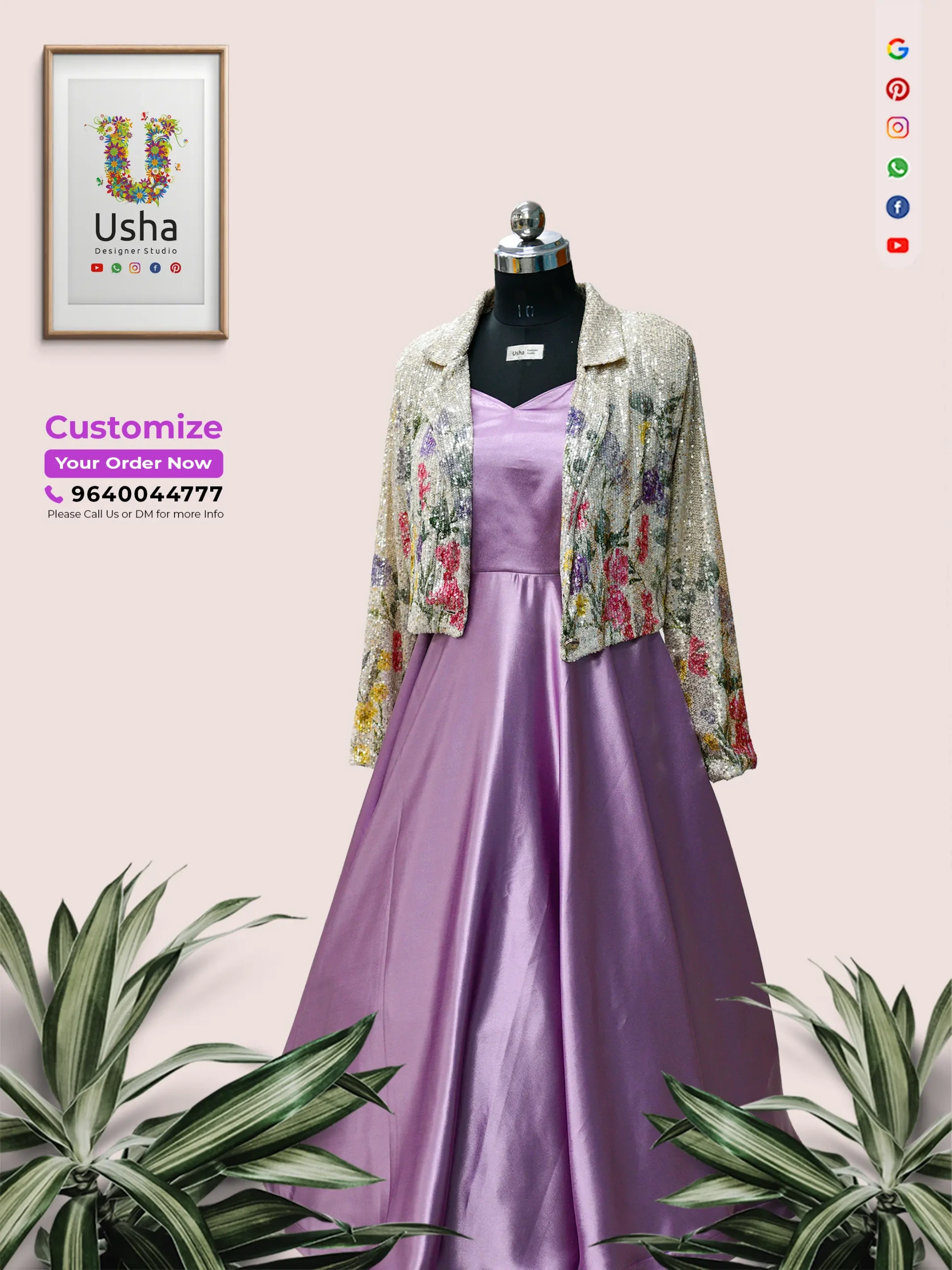 Tailor-made lilac satin long frock with floral sequin embellished overcoat and bracelet sleeves by Usha Designer Studio Vijayawada displayed on mannequin.