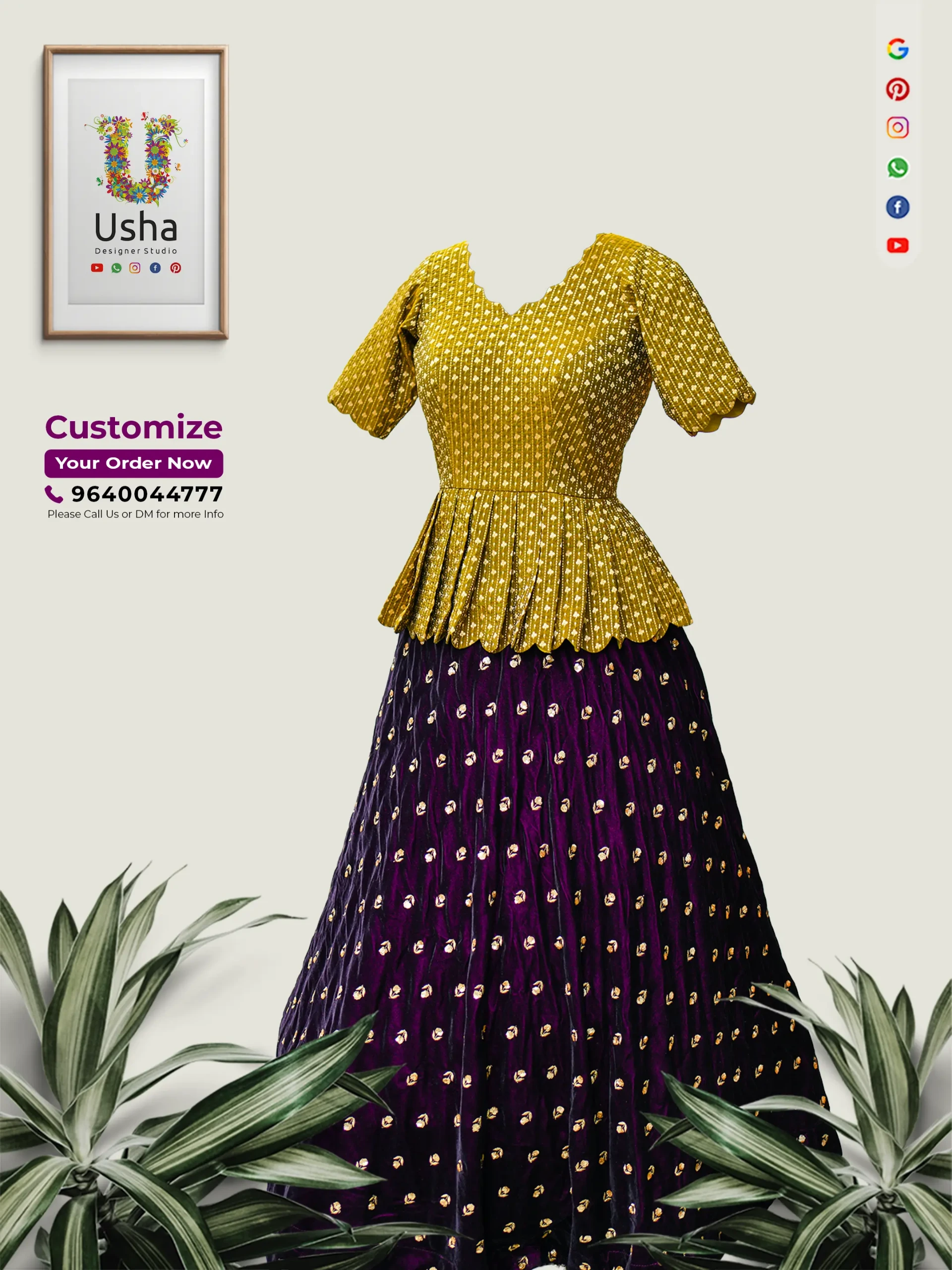Tailor-Made Peplum Crop Top Lehenga with Scalloped Neck | Usha Designer Studio Vijayawada Tailor-made mustard peplum crop top lehenga with scalloped V-neck, pleated choli and deep purple mukmal skirt embellished with golden butta, designed by Usha Designer Studio Vijayawada.