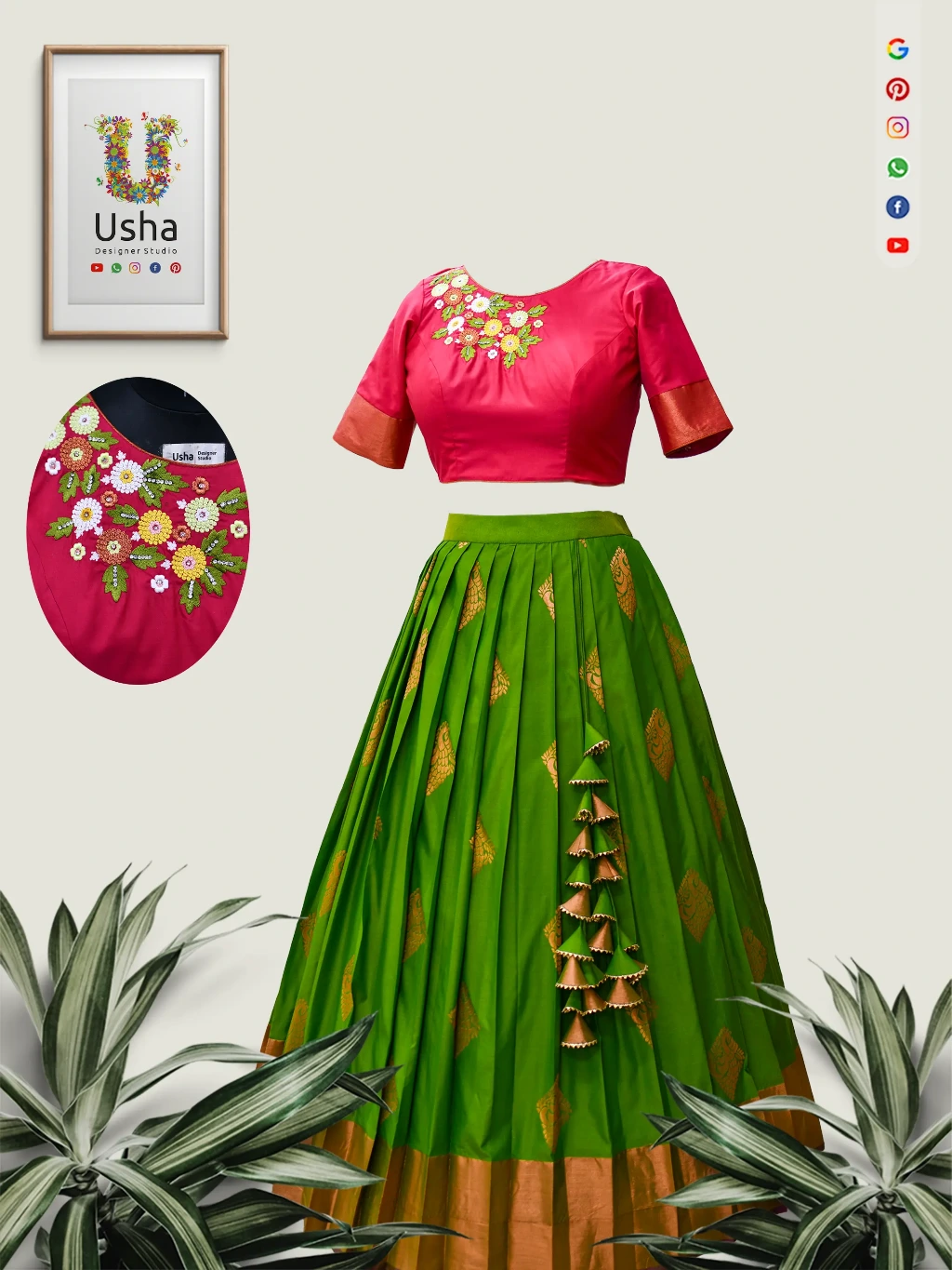 Tailor-Made Kanchi Pattu Crop Top Lehenga with Floral Computer Embroidery | Usha Designer Studio Vijayawada Pure Kanchi Pattu crop top lehenga in vibrant rani pink and temple green, featuring smooth silk texture, woven zari motifs, iron-set pleats and floral computer embroidery with handcrafted heavy latkans.