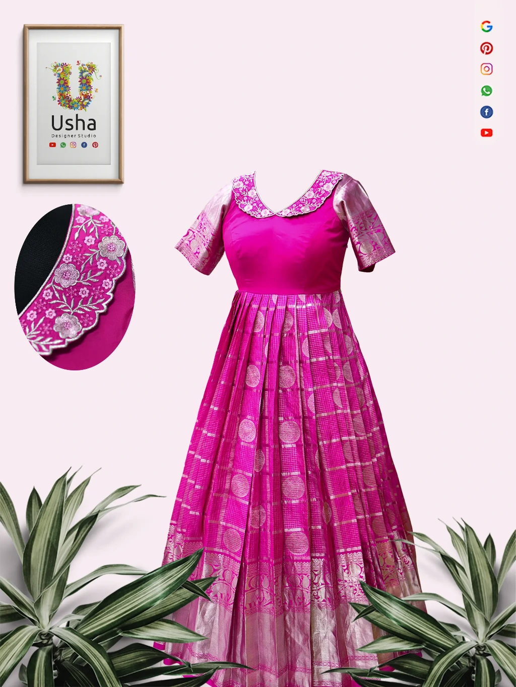 Magenta Kanchi pattu saree upcycled into a designer long frock with computer-embroidered V-neck yoke, elbow sleeves, and flowy 1-inch pleated skirt by Usha Designer Studio, Vijayawada.
