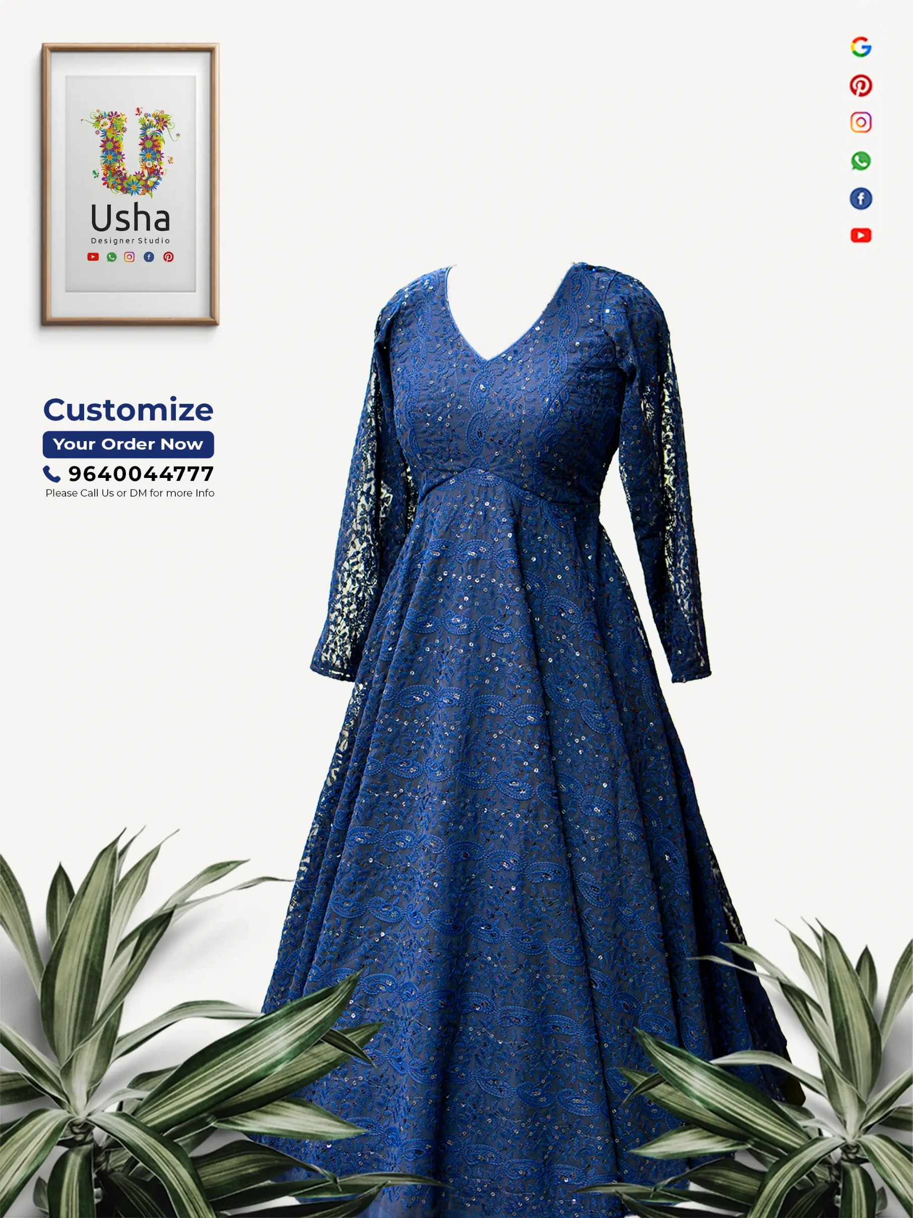 Royal blue Chikankari long frock with subtle mirror embroidery, V-neck and long sleeves, tailor-made by Usha Designer Studio, Vijayawada for custom festive and party wear.
