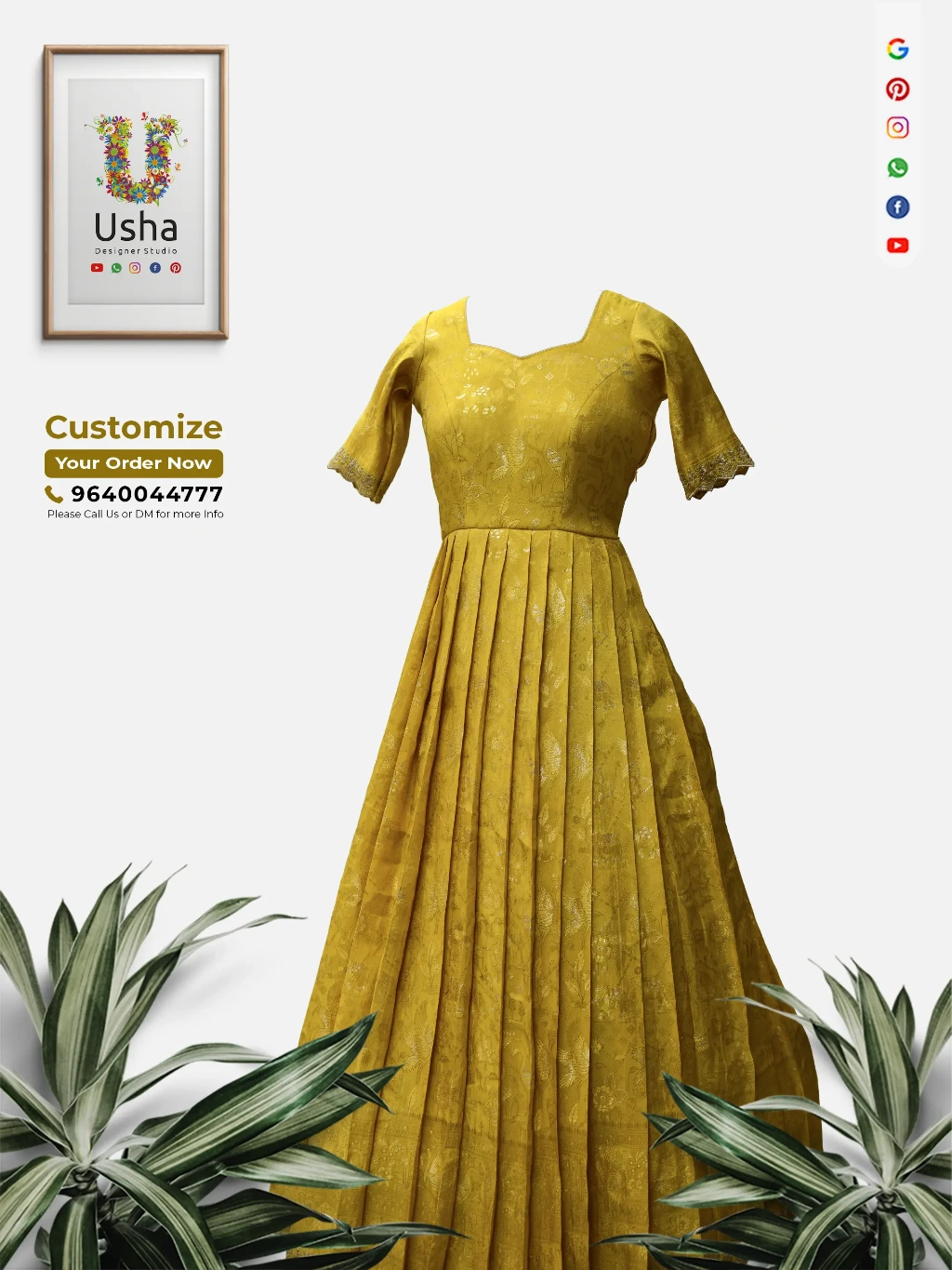 Mustard yellow heirloom saree converted into a custom long frock with diamond neckline, elbow sleeves, and flowy 1‑inch pleats, designed by Usha Designer Studio Vijayawada.