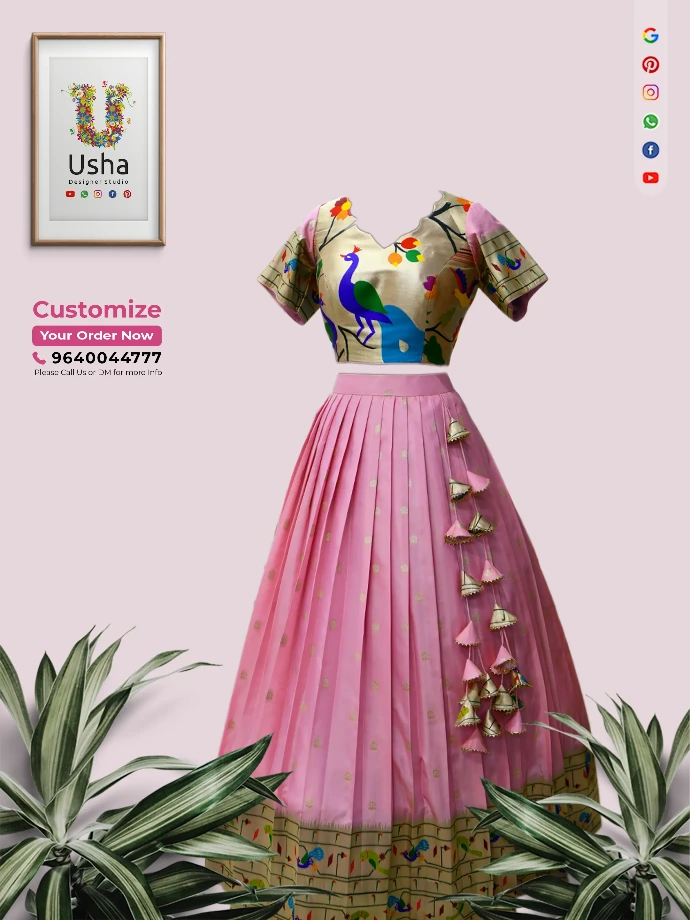 Tailor-Made Paithani Saree to Crop Top Lehenga with Heavy Latkans – Usha Designer Studio, Vijayawada Tailor-made pink Paithani saree upcycled into crop top lehenga featuring peacock embroidery choli blouse, short sleeves, 1-inch pleated skirt, and ornate latkans by Usha Designer Studio Vijayawada.