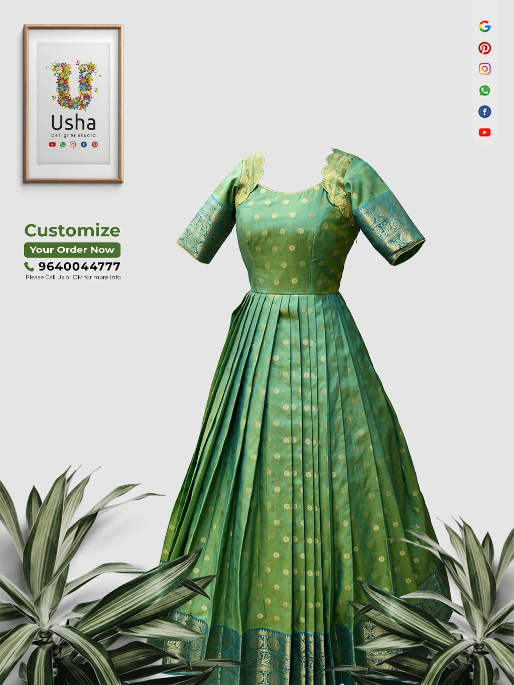 Tailor-made green Kachi Pattu saree upcycled into designer long frock featuring scalloped U-neck yoke, elbow sleeves, 1-inch iron pleats on flowy gera by Usha Designer Studio, Vijayawada
