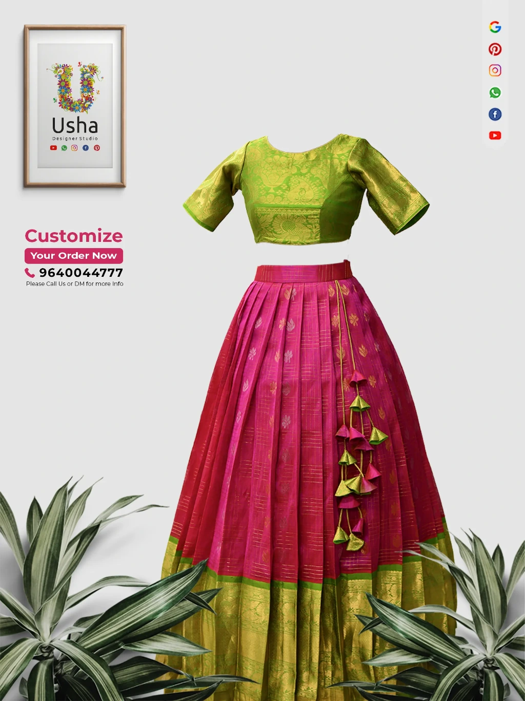 Tailor-Made Pure Kanchi Pattu Saree to Crop Top Lehenga | Usha Designer Studio Vijayawada Custom green-pink Pure Kanchi Pattu saree transformed into crop top lehenga with boat neck choli, elbow sleeves, flowy 1-inch pleats, heavy handcrafted latkans by Usha Designer Studio.