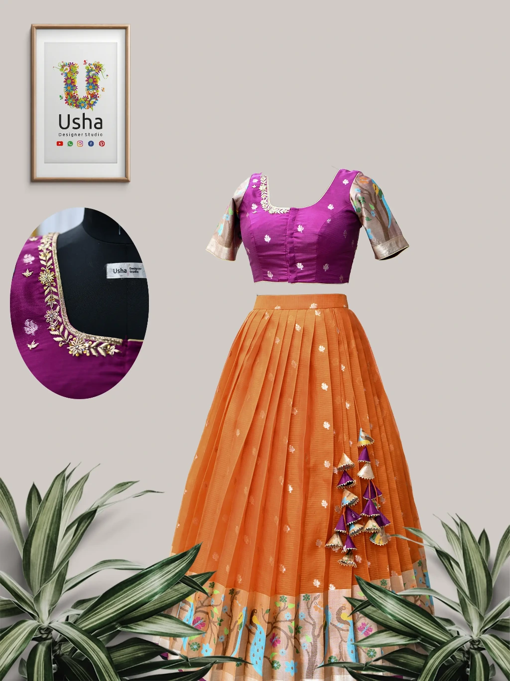 A deep purple blouse with Aari embroidery and Paithani sleeves, paired with an orange Kota silk skirt featuring 1-inch pleats and a broad peacock-motif border.