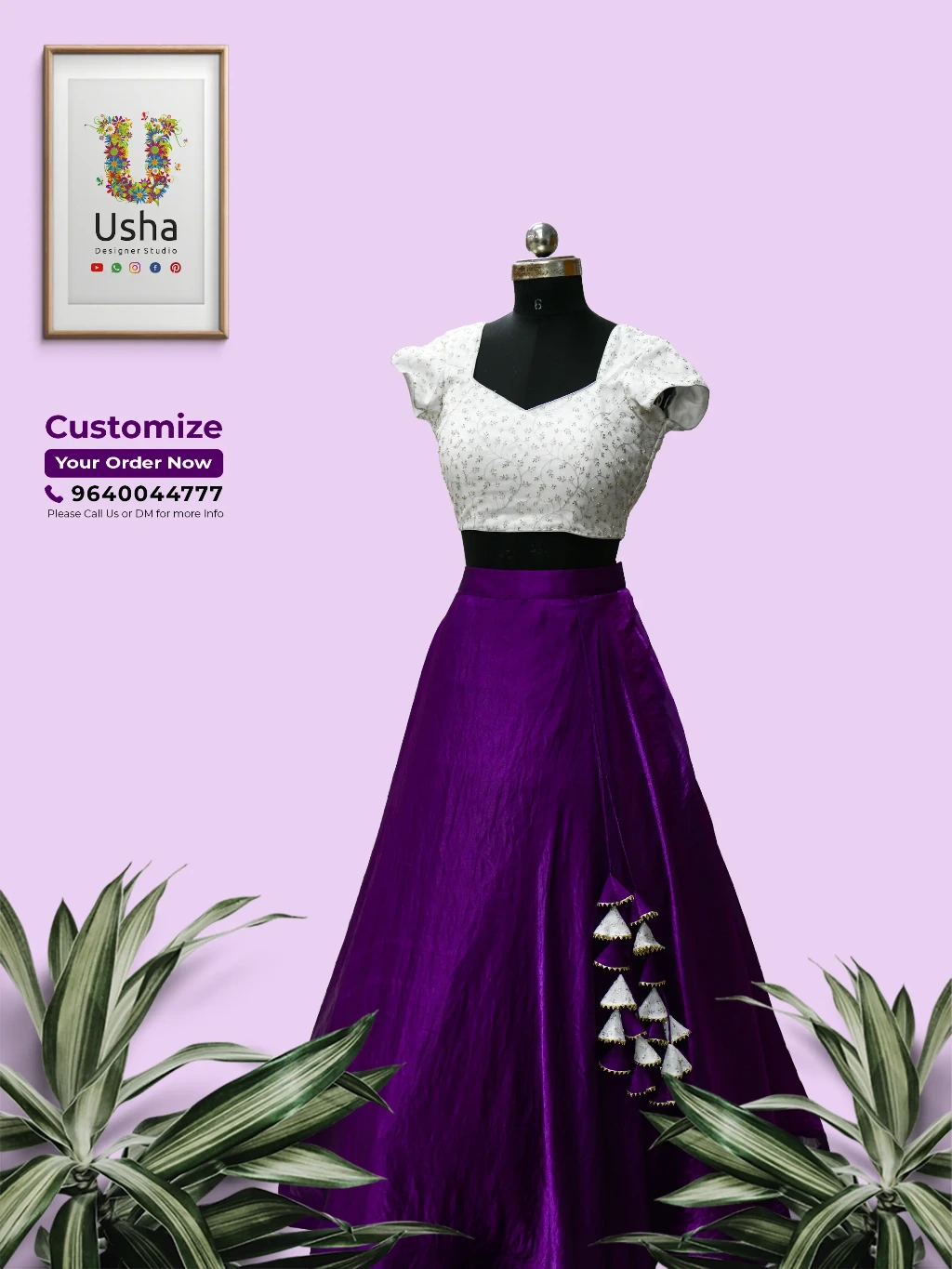 A bespoke outfit by Usha Designer Studio featuring a white Chikankari choli blouse with mega sleeves and a diamond neckline, paired with a vibrant purple flowy lehenga skirt adorned with heavy, hand-crafted triangular latkans on the side.