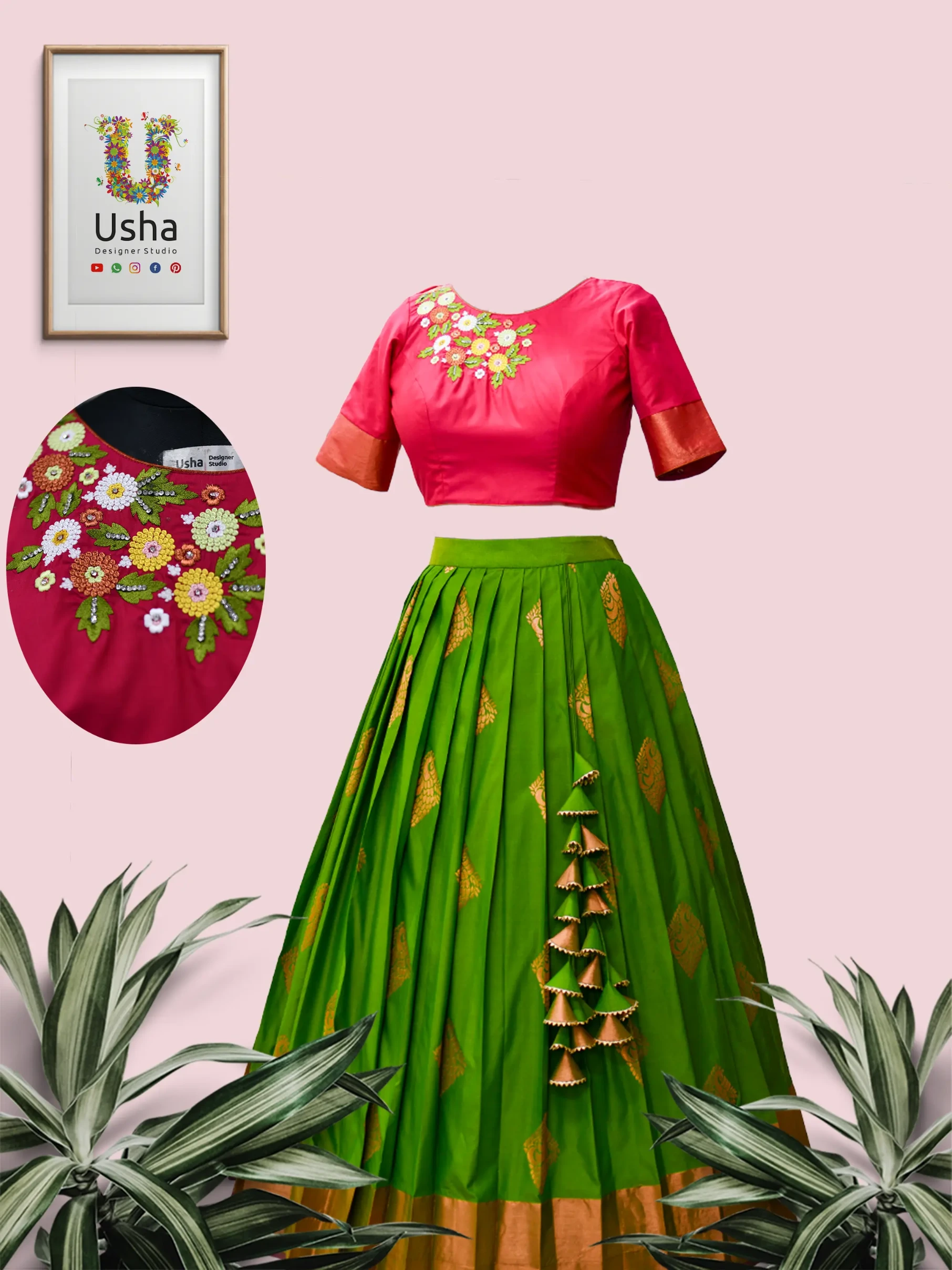 Custom tailored Magenta Pink boat neck blouse with floral embroidery and a Bottle Green Kanchi Pattu pleated lehenga with heavy latkans at Usha Designer Studio Vijayawada.