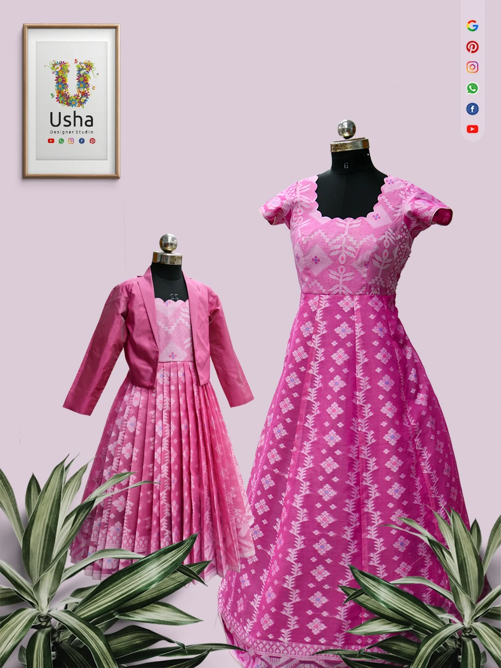 Upcycled saree transformed into matching mom and daughter long frocks with scalloped U-neck, mega sleeves, flowy ghera with 1-inch pleats, and kids overcoat by Usha Designer Studio Vijayawada