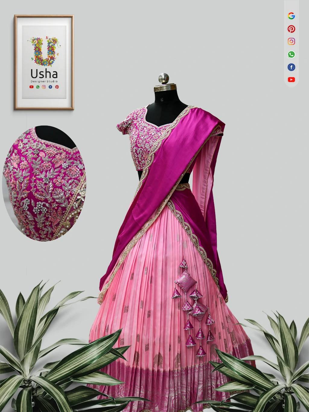 Pure pattu crop top lehenga with all-over aari embroidery, heart neck, mega sleeves, 1-inch pleated lehenga, heavy latkans and aari lace dupatta by Usha Designer Studio Vijayawada.