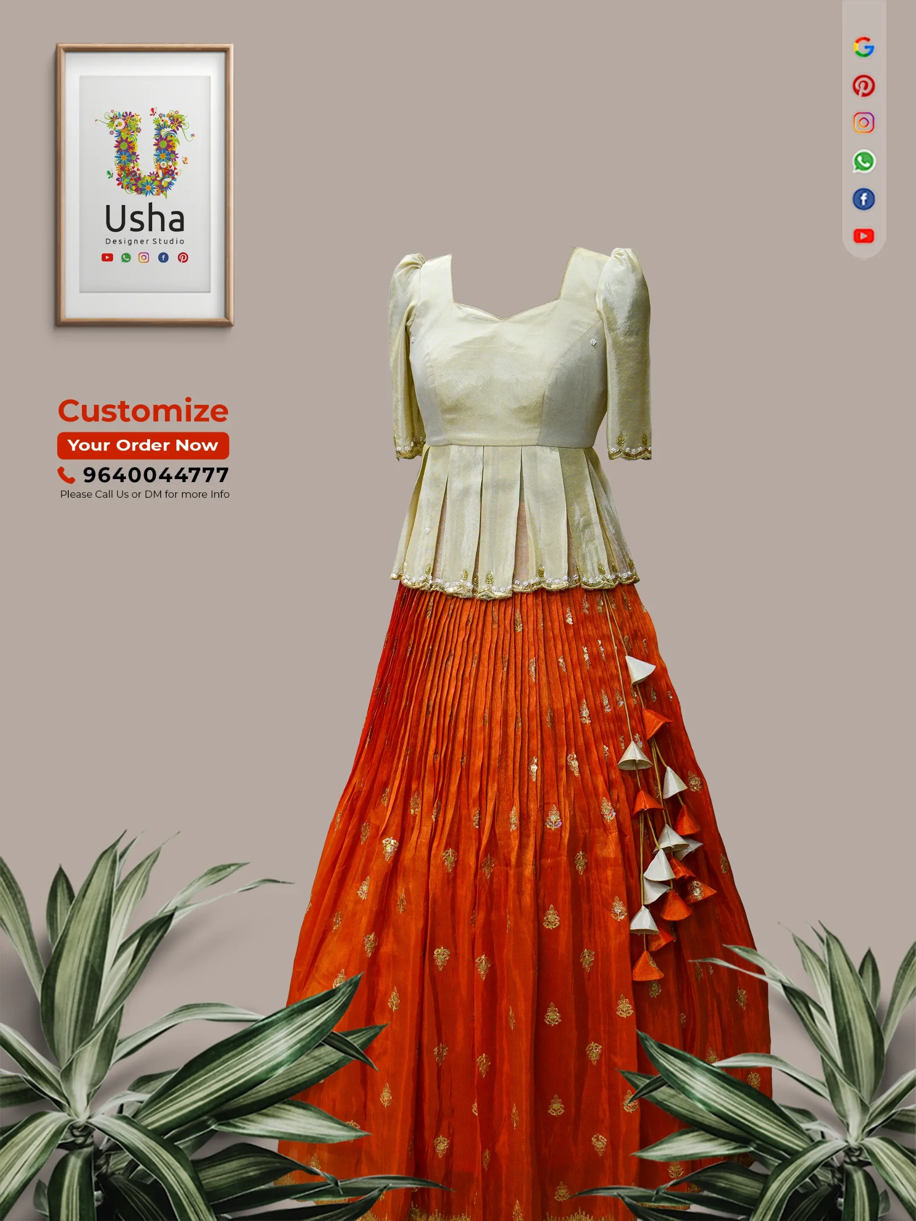 Full view of a woman standing in a traditional Indian home, wearing a custom cream peplum blouse with puff sleeves and a floor-length, knife-pleated rust orange organza lehenga skirt with gold motifs. The outfit is created by Usha Designer Studio