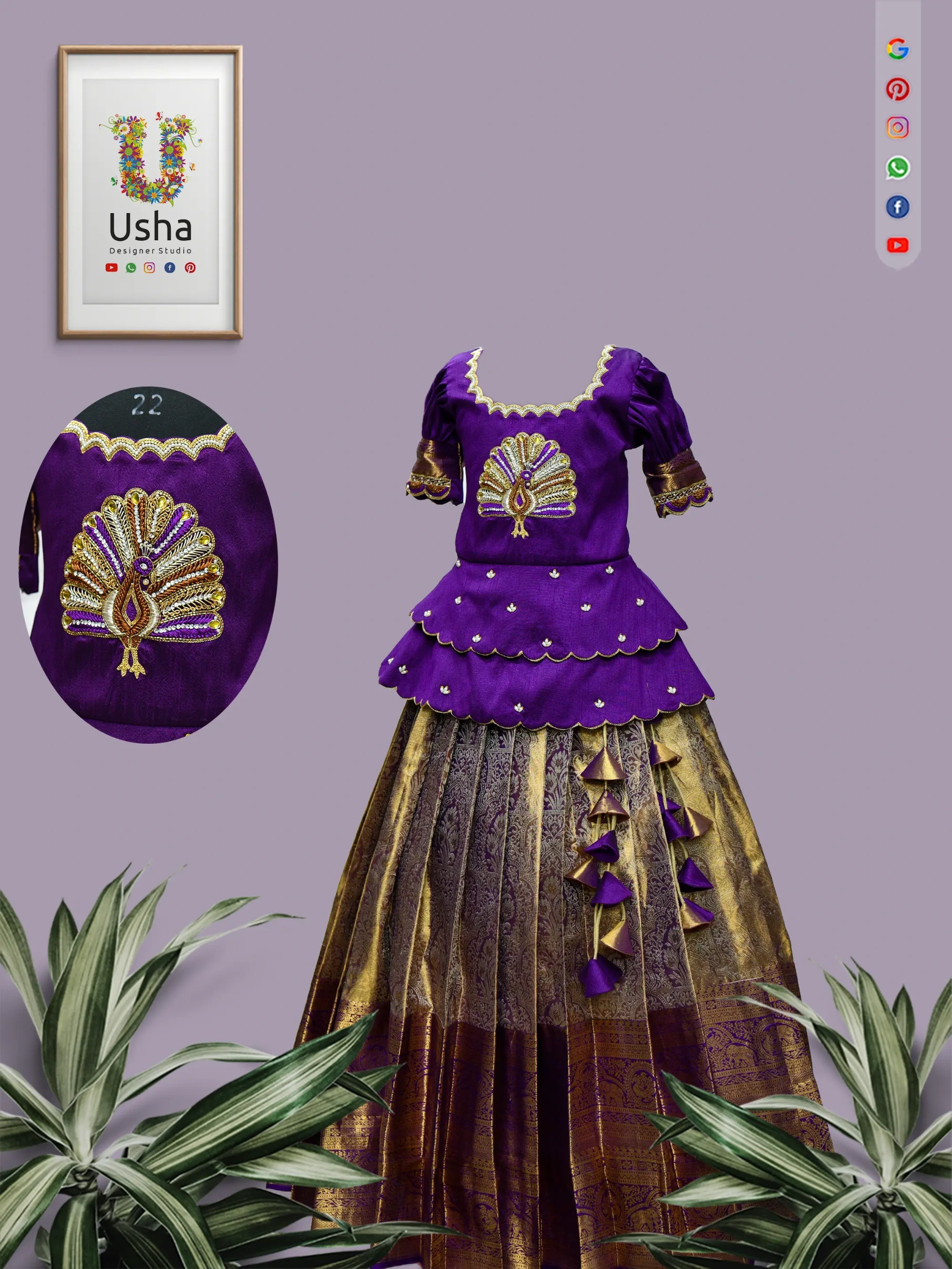 Young Indian girl wearing a luxury custom-made royal purple velvet and metallic gold silk brocade peplum crop top lehenga with intricate peacock Aari embroidery and scalloped edges, standing in a decorated traditional South Indian courtyard.