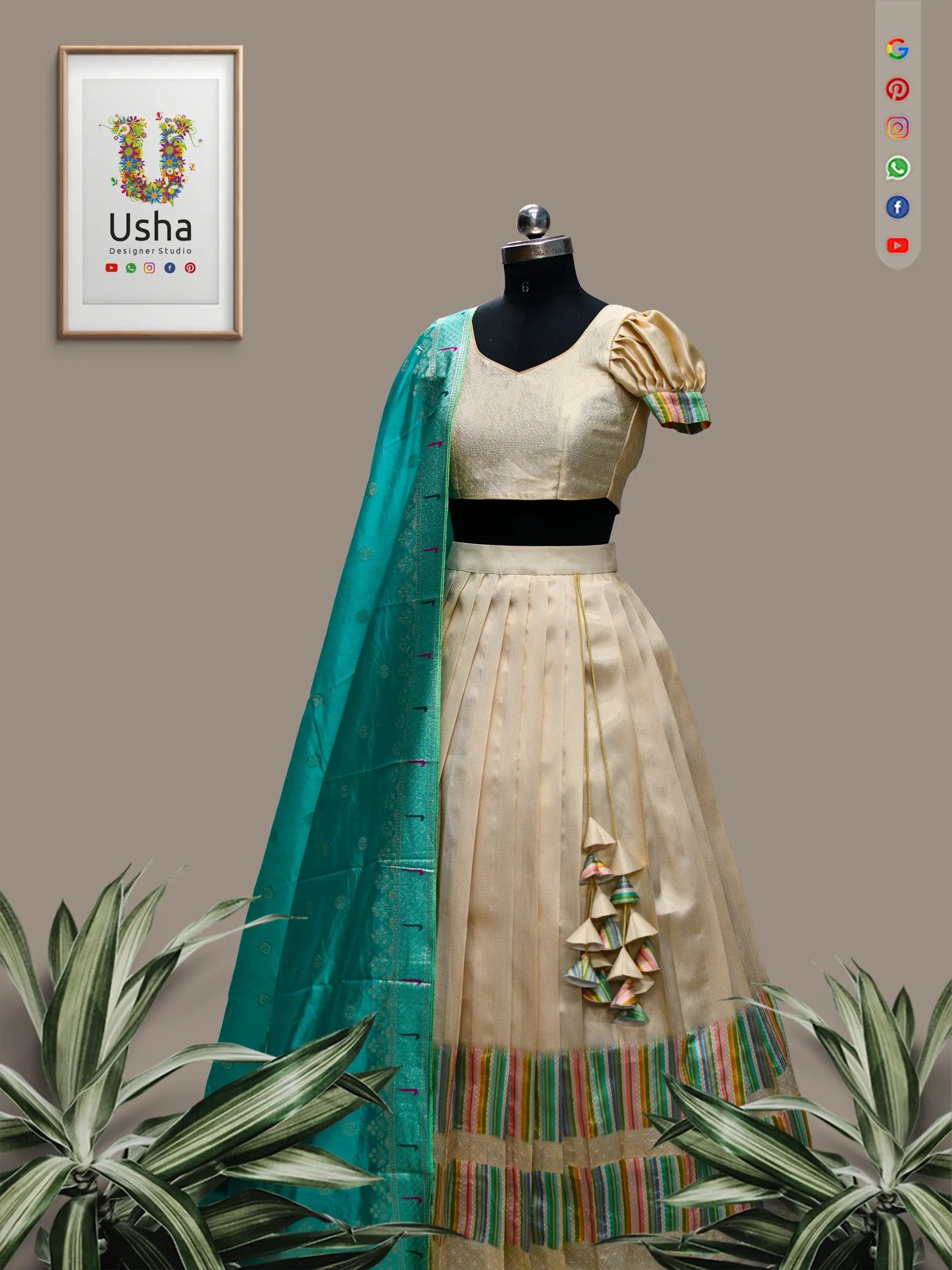 A tailor-made crop top lehenga with puff sleeves, a vibrant striped border on the skirt, decorative tassels, and a teal dupatta, showcasing exquisite detailing.