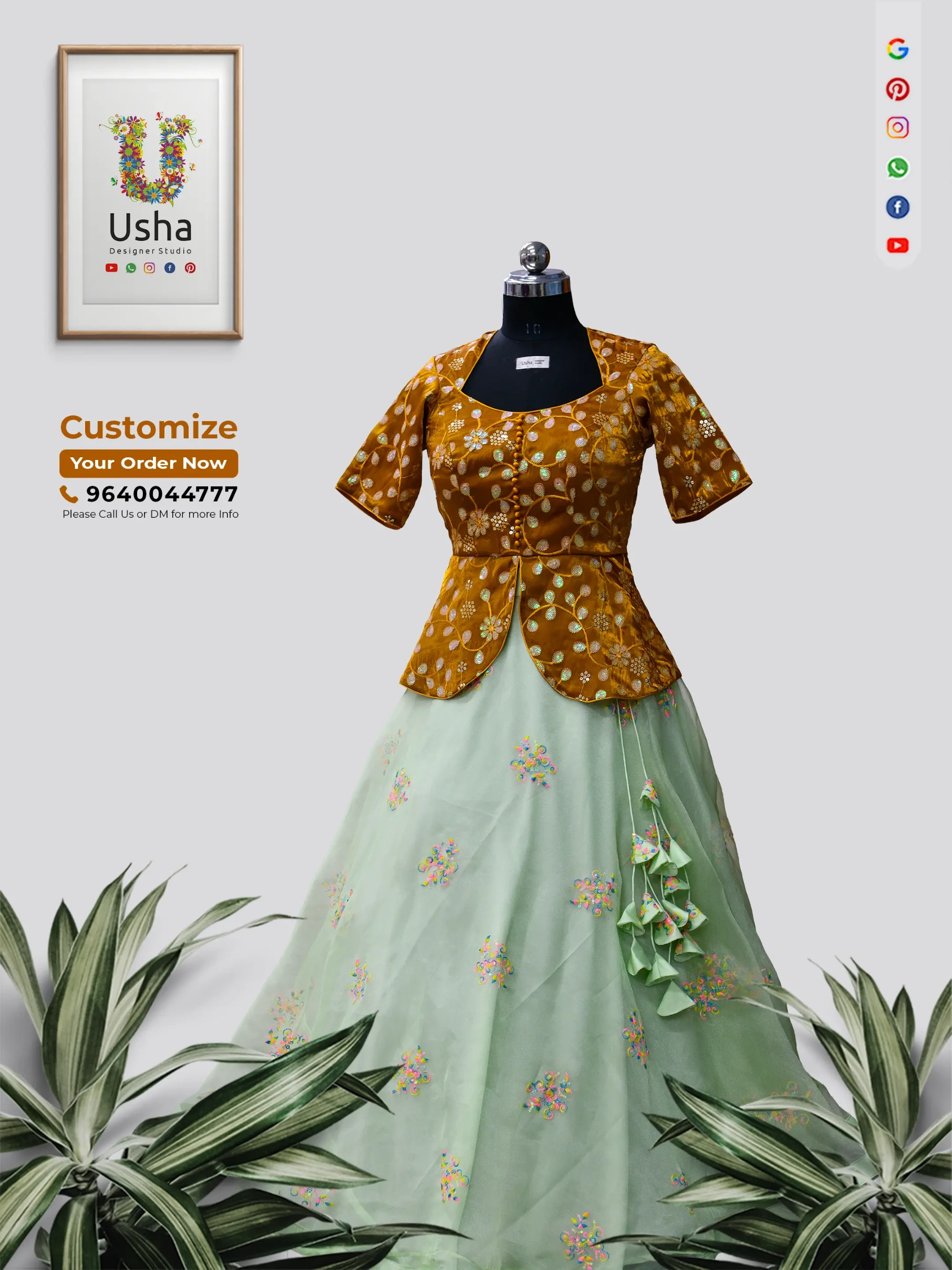 Woman standing in a heritage palace balcony wearing a custom mustard floral peplum blouse and mint green flowy lehenga by Usha Designer Studio.