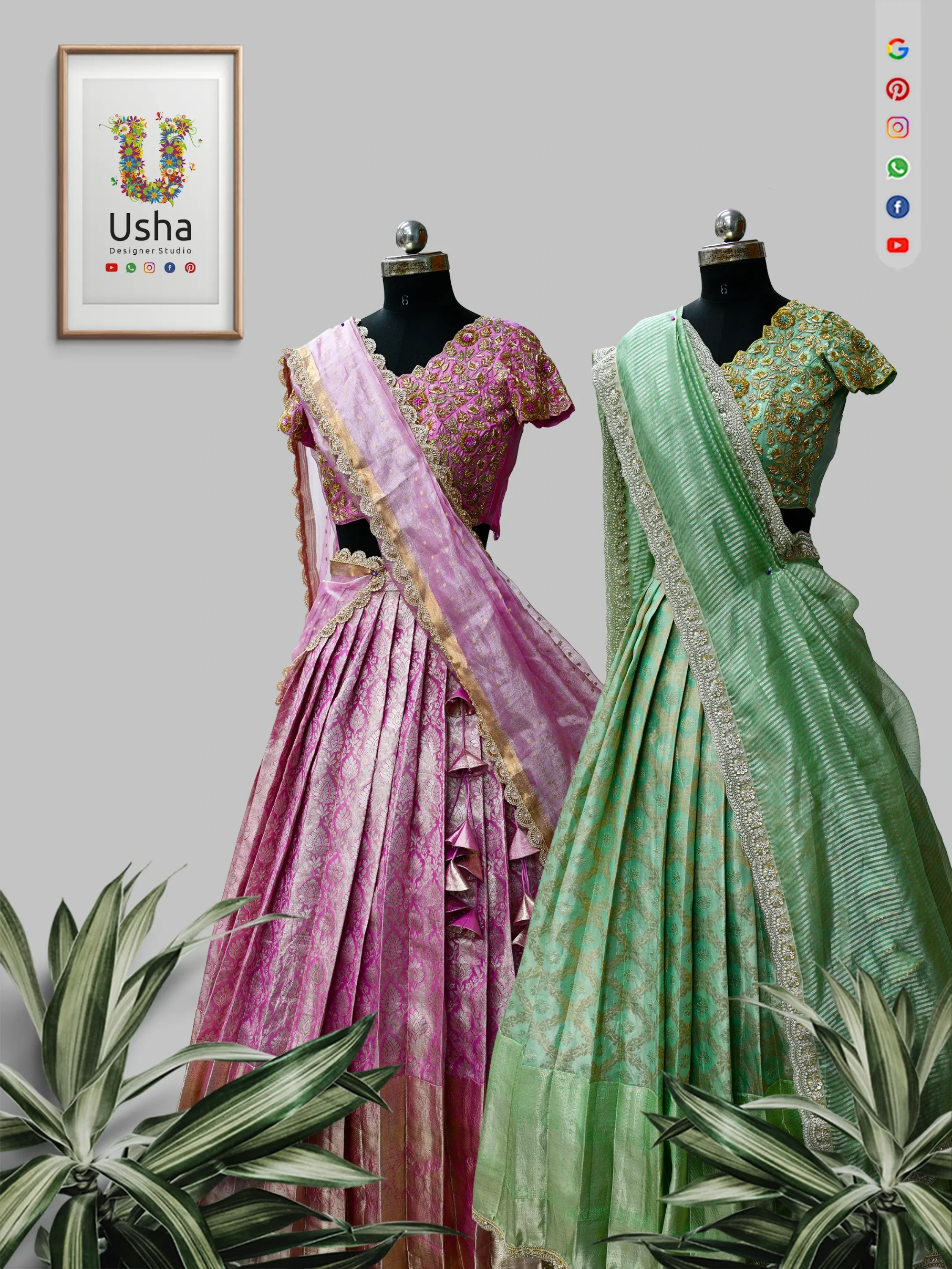 Custom-Made Sisters Combo bridal crop top lehengas from Usha Designer Studio, Vijayawada. Left: magenta brocade skirt with a heavily embroidered crop top and gold-bordered sheer pink dupatta. Right: mint green textured skirt with an embroidered crop top and a scalloped sheer green dupatta.