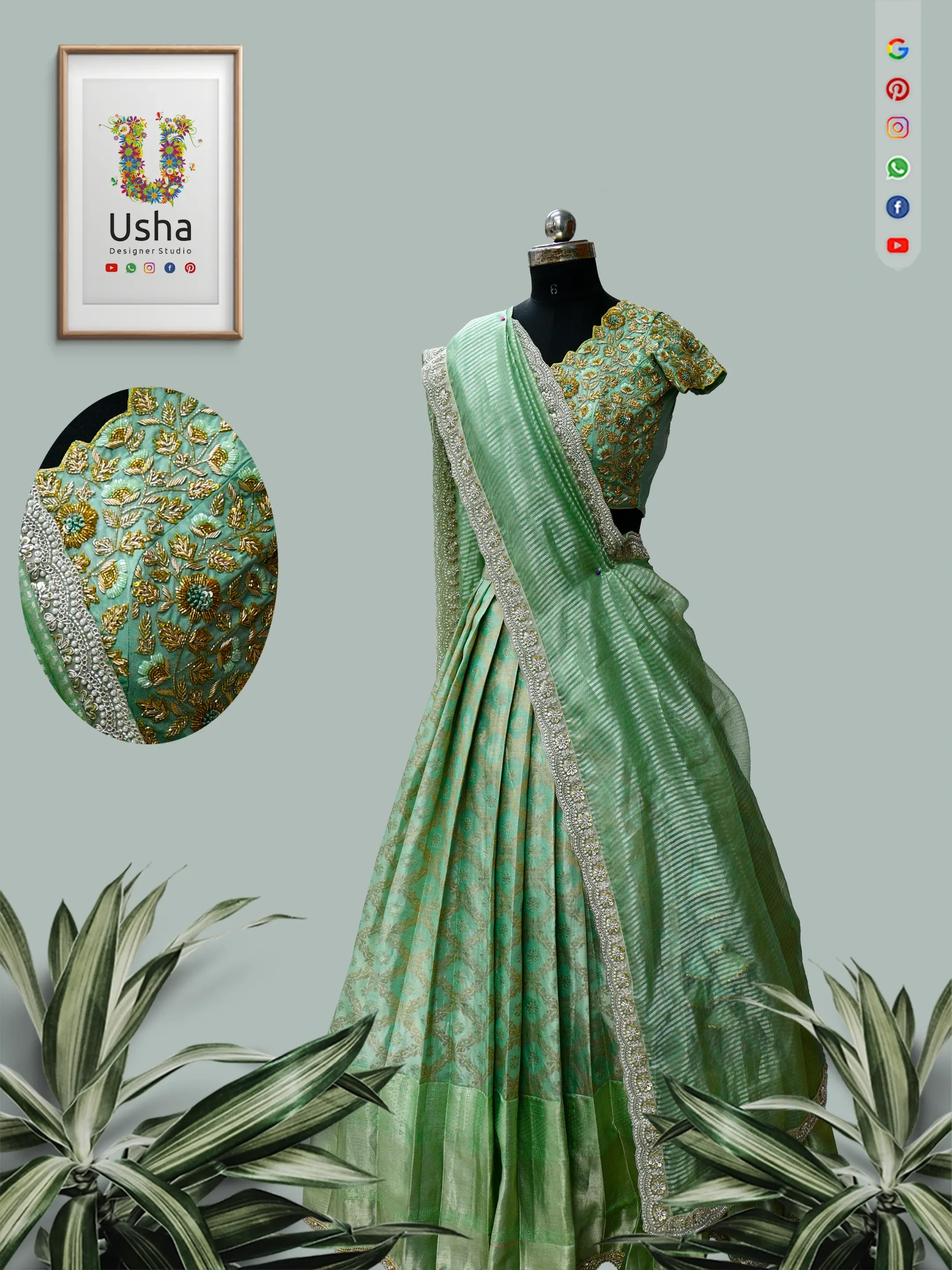 Sage green bridal crop top lehenga featuring woven silk patterns, scalloped sheer dupatta, and precise computer-generated gold floral embroidery by Usha Designer Studio Vijayawada.