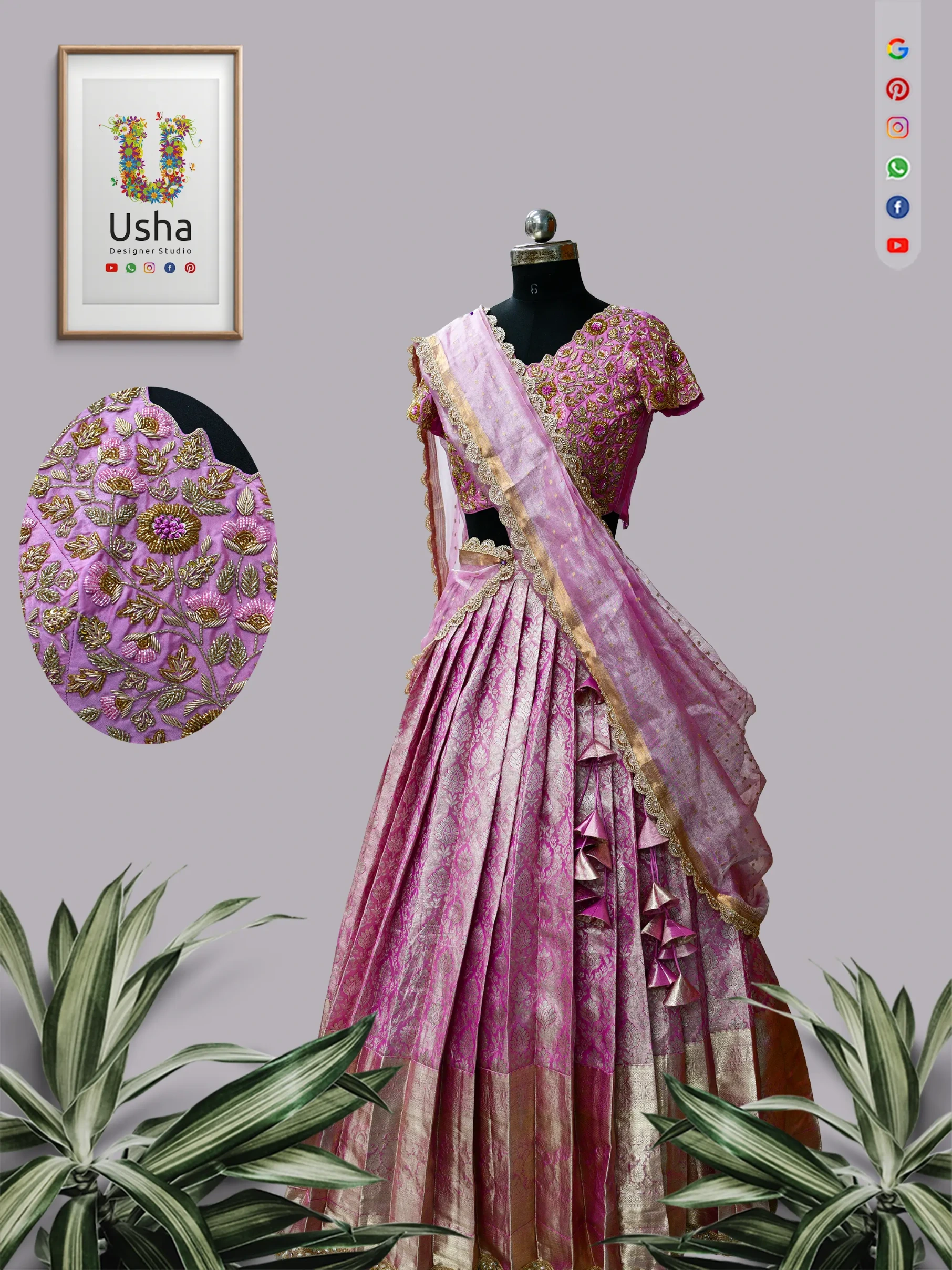Bride wearing a tailor-made magenta upcycled silk saree bridal crop top lehenga with dense gold Aari embroidery, box pleats, and traditional heavy zari border.