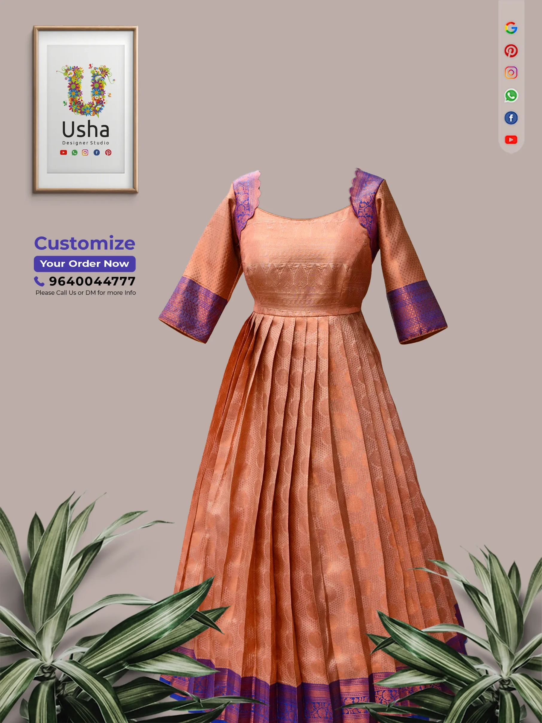 Close-up photo of the bodice of an upcycled copper-peach silk long frock, made from an heirloom saree, detailing the unique deep-violet scalloped-edge zari shoulder overlays and sleeve cuffs, standing in an intricately carved ancient temple, created by Usha Designer Studio, Vijayawada.