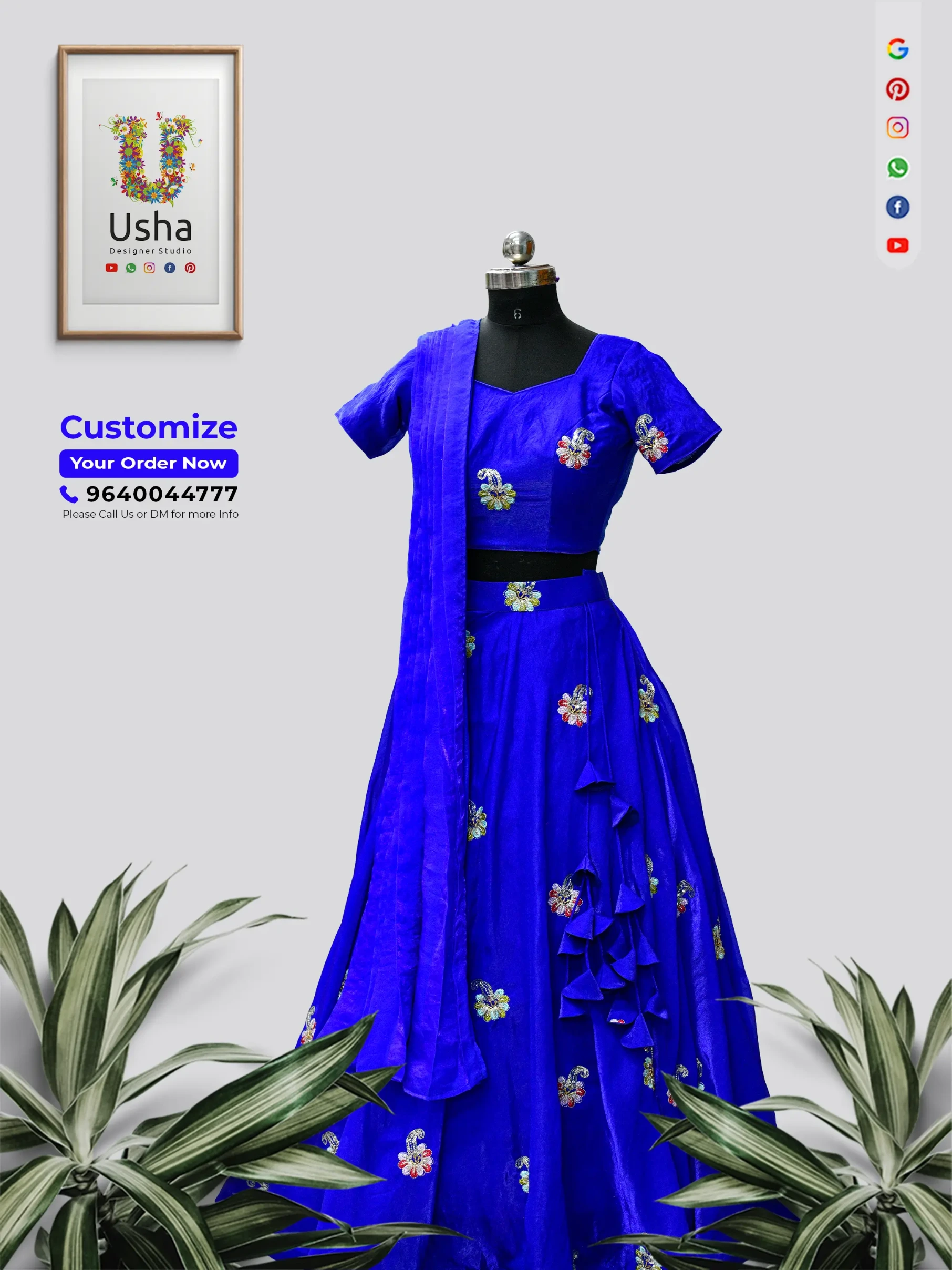 Young woman sitting on vintage palace stairs wearing an Electric Blue crop top lehenga upcycled from an old silk saree, featuring paisley motifs and fabric tassels by Usha Designer Studio.