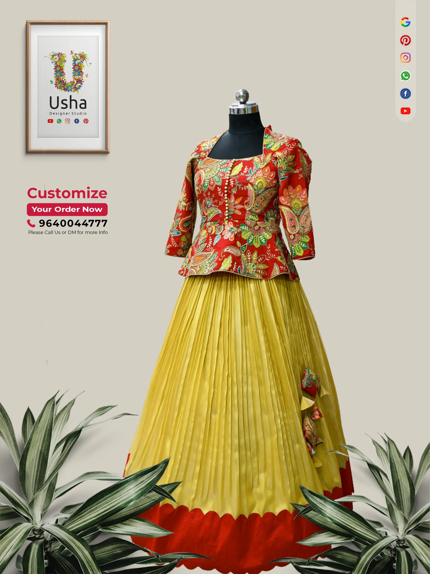 Woman posing in a vintage home wearing a custom crimson floral embroidered peplum top and a mustard yellow accordion-pleated lehenga skirt with a red scalloped hem, designed by Usha Designer Studio.