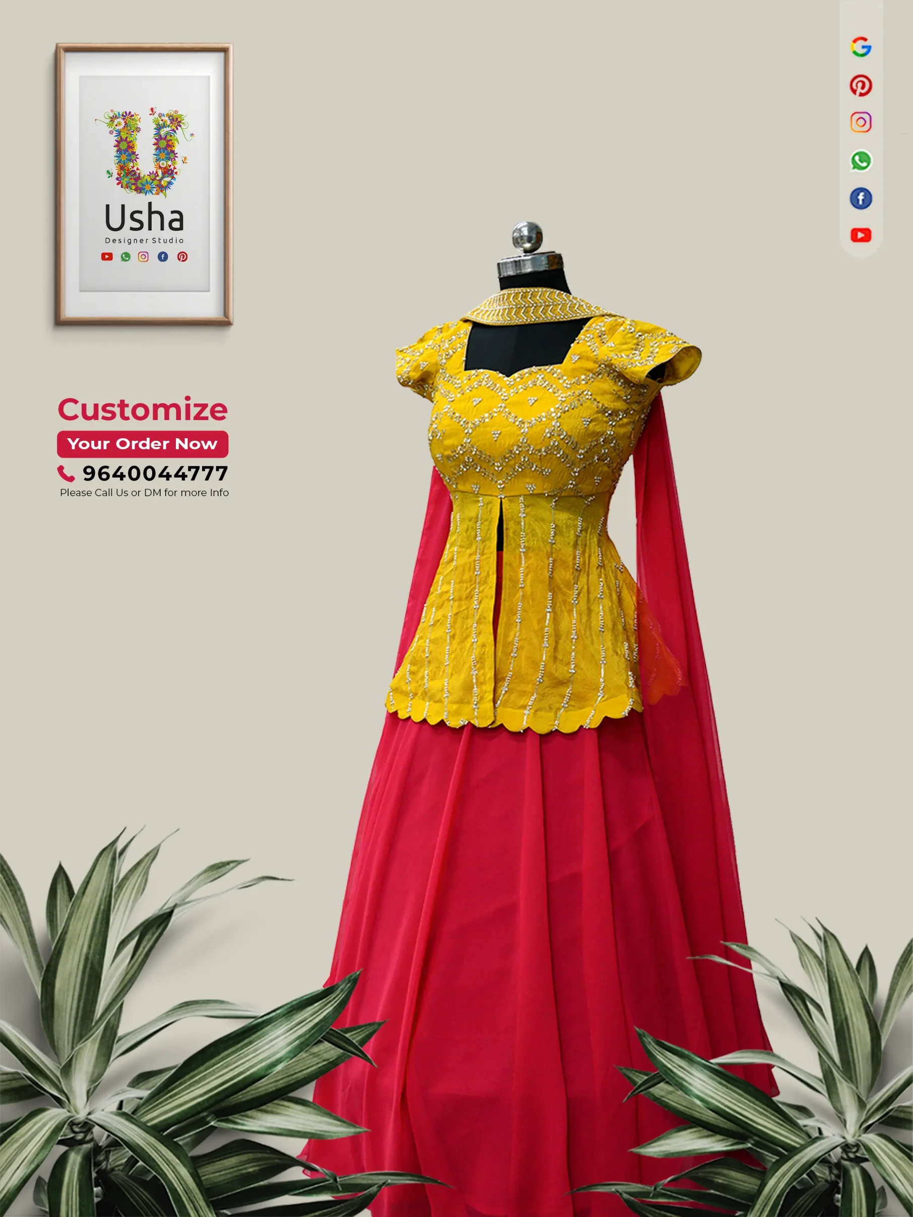 Woman standing in vintage Indian home wearing mustard yellow embroidered peplum top and red lehenga skirt by Usha Designer Studio.