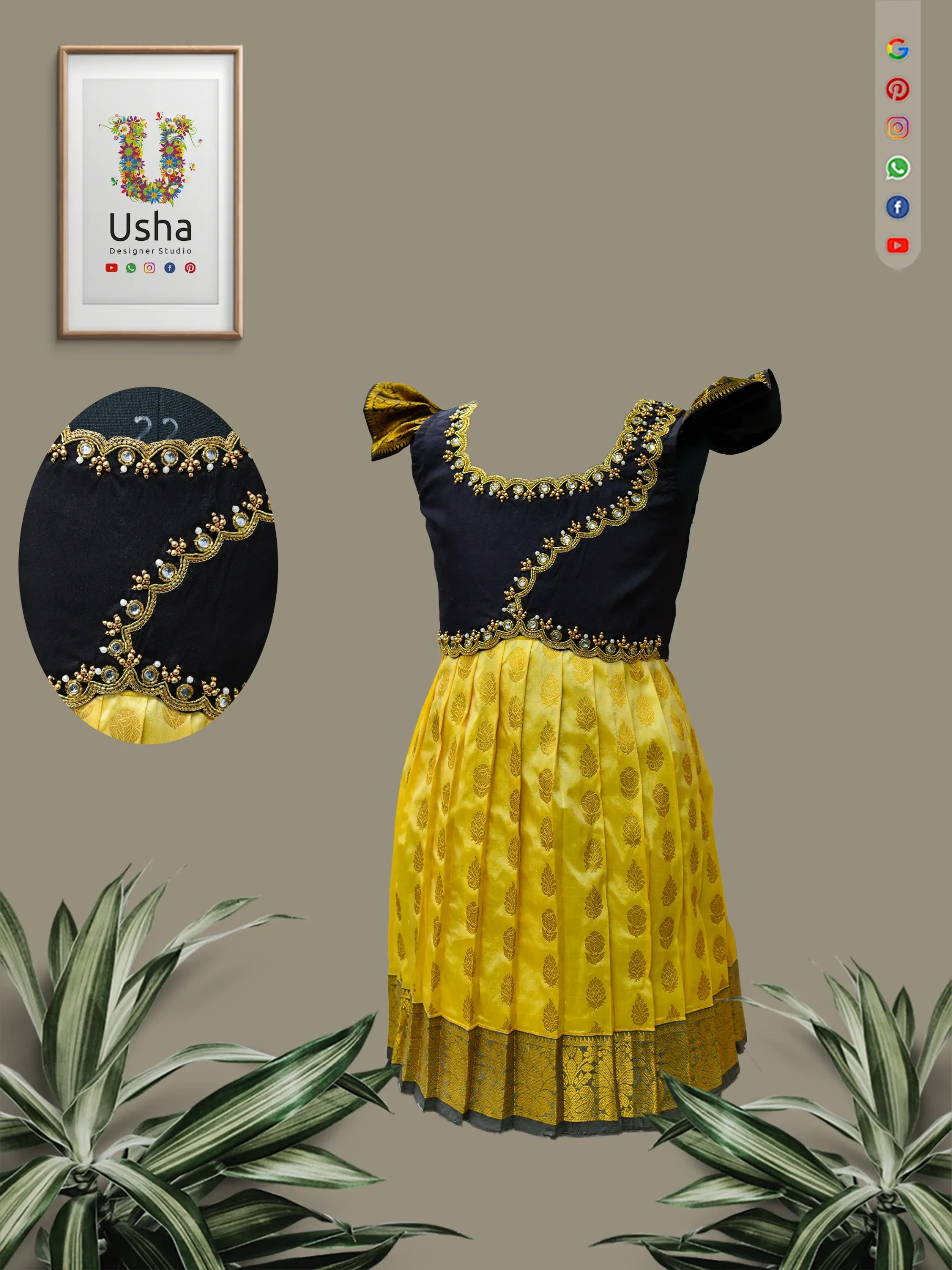 Little girl smiling brightly, wearing a custom mustard yellow pleated silk skirt and navy blue Maggam embroidered traditional Indian gown designed by Usha Designer Studio.