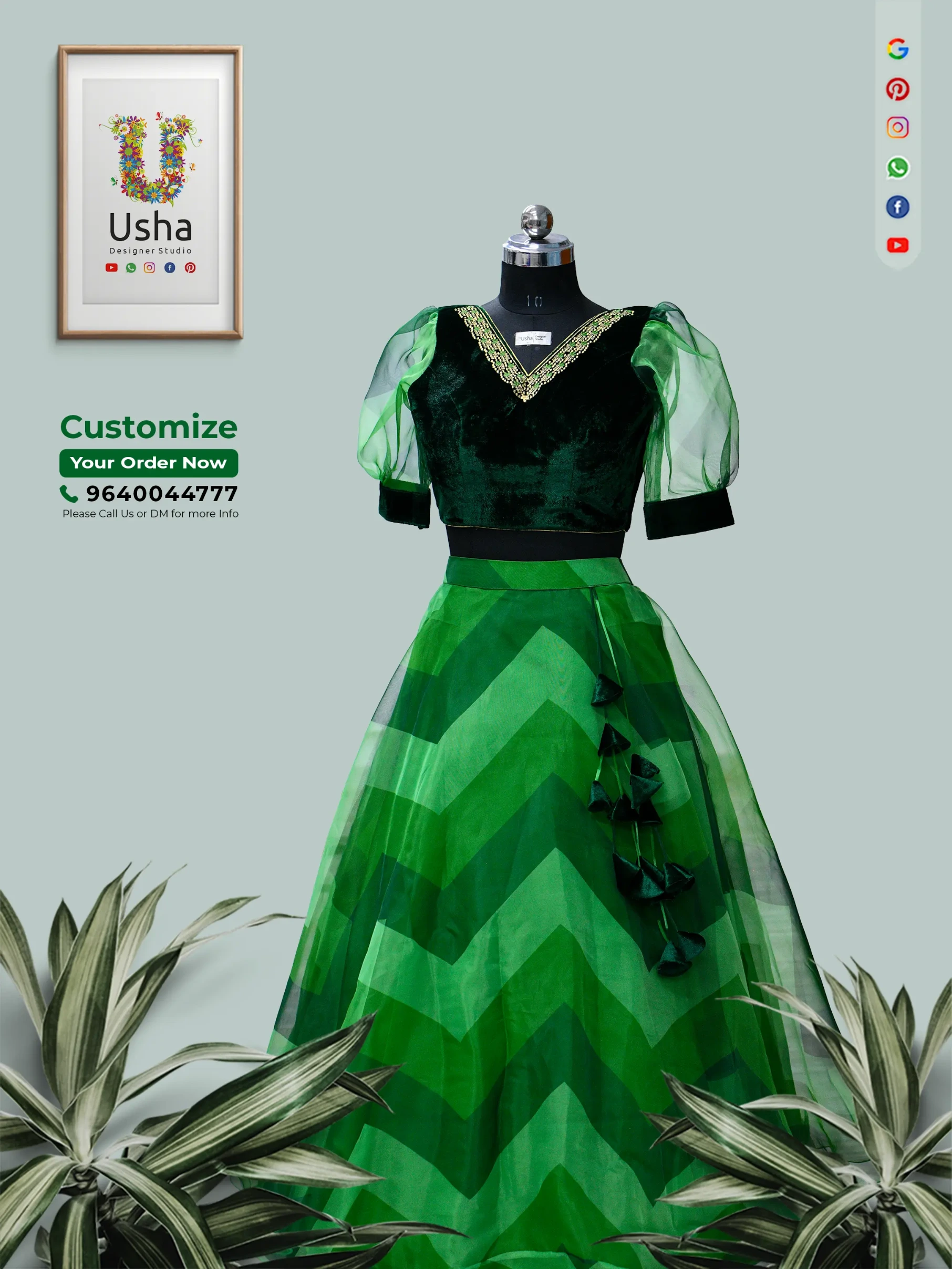 customer at a wedding reception wearing a custom-tailored emerald green velvet blouse with puff sleeves and a chevron pattern organza lehenga skirt designed by Usha Designer Studio, Vijayawada.