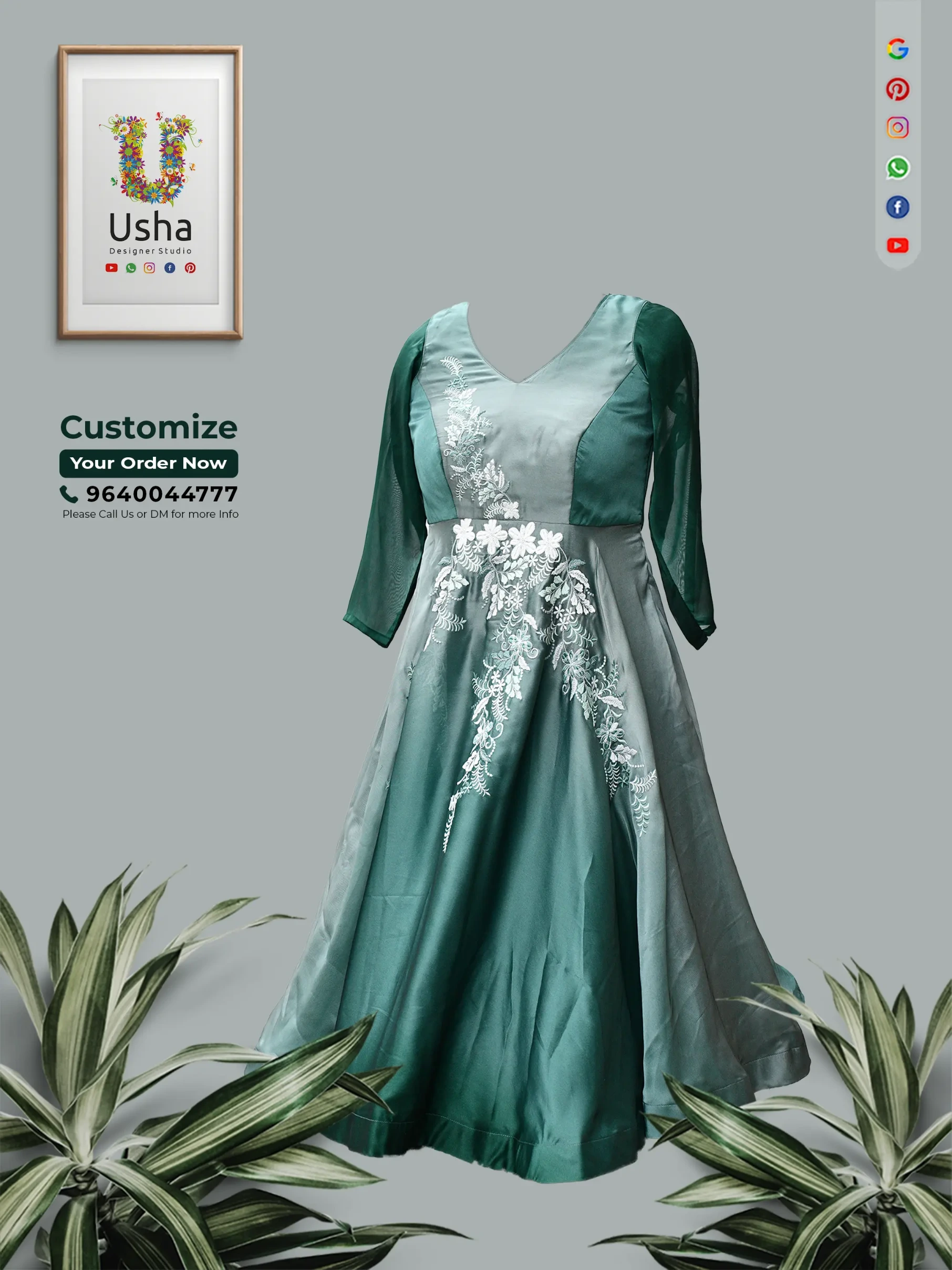 A young woman smiling in a flower market, wearing an emerald green calf-length Anarkali dress with white floral embroidery and sheer sleeves by Usha Designer Studio.