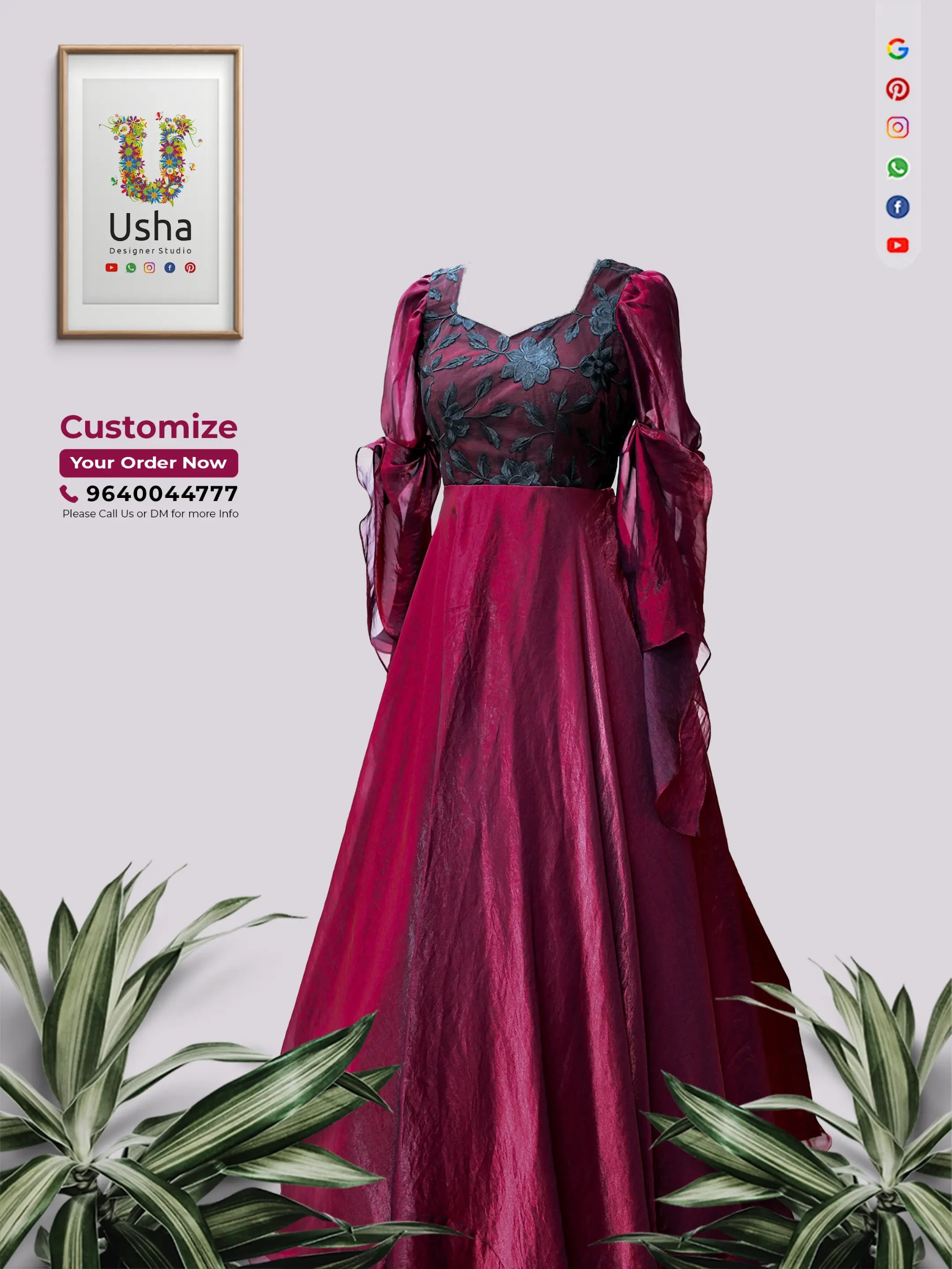 Woman posing in a vintage Indian home wearing a custom Usha Designer Studio burgundy shimmer tissue Indo-Western gown with a black floral embroidered bodice and tiered ruffle bishop sleeves.
