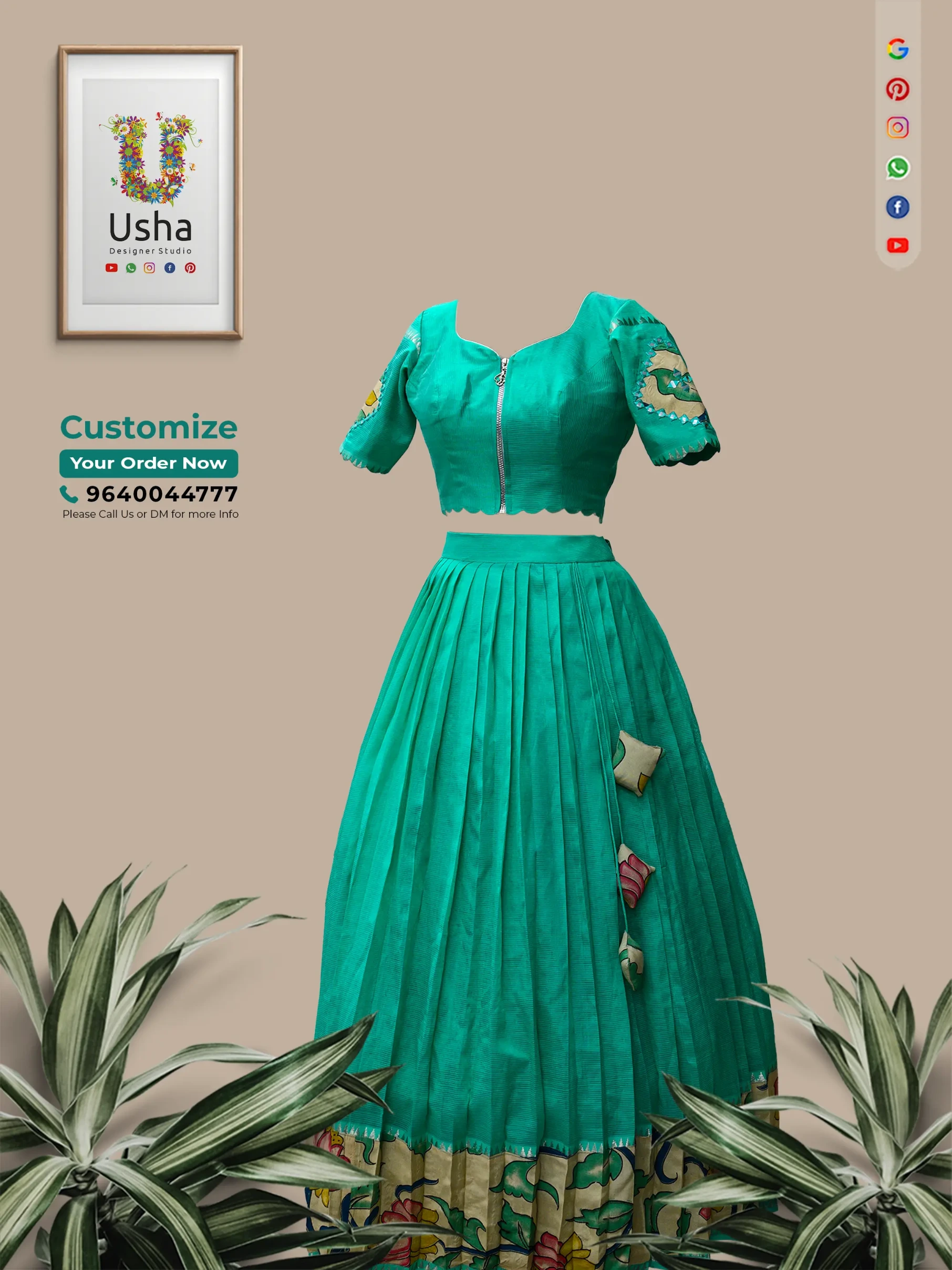 Woman wearing an emerald green pleated Mangalagiri Pattu silk lehenga choli with a hand-painted floral Kalamkari border and a modern front-zip blouse by Usha Designer Studio in a vintage setting.