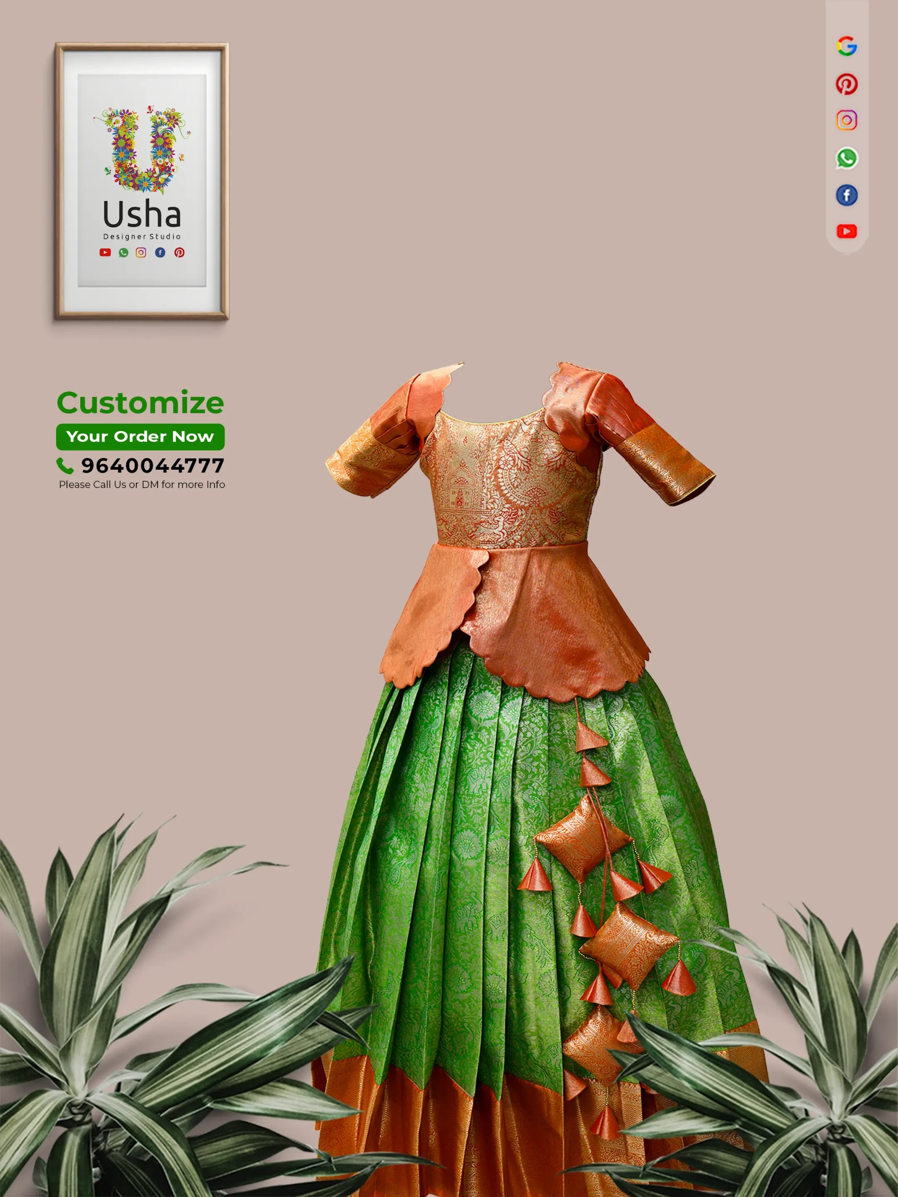 Little girl on a vintage balcony wearing a Rust Orange and Parrot Green Peplum Pattu Pavada with scalloped edges and fabric tassels, custom designed by Usha Designer Studio, Vijayawada.